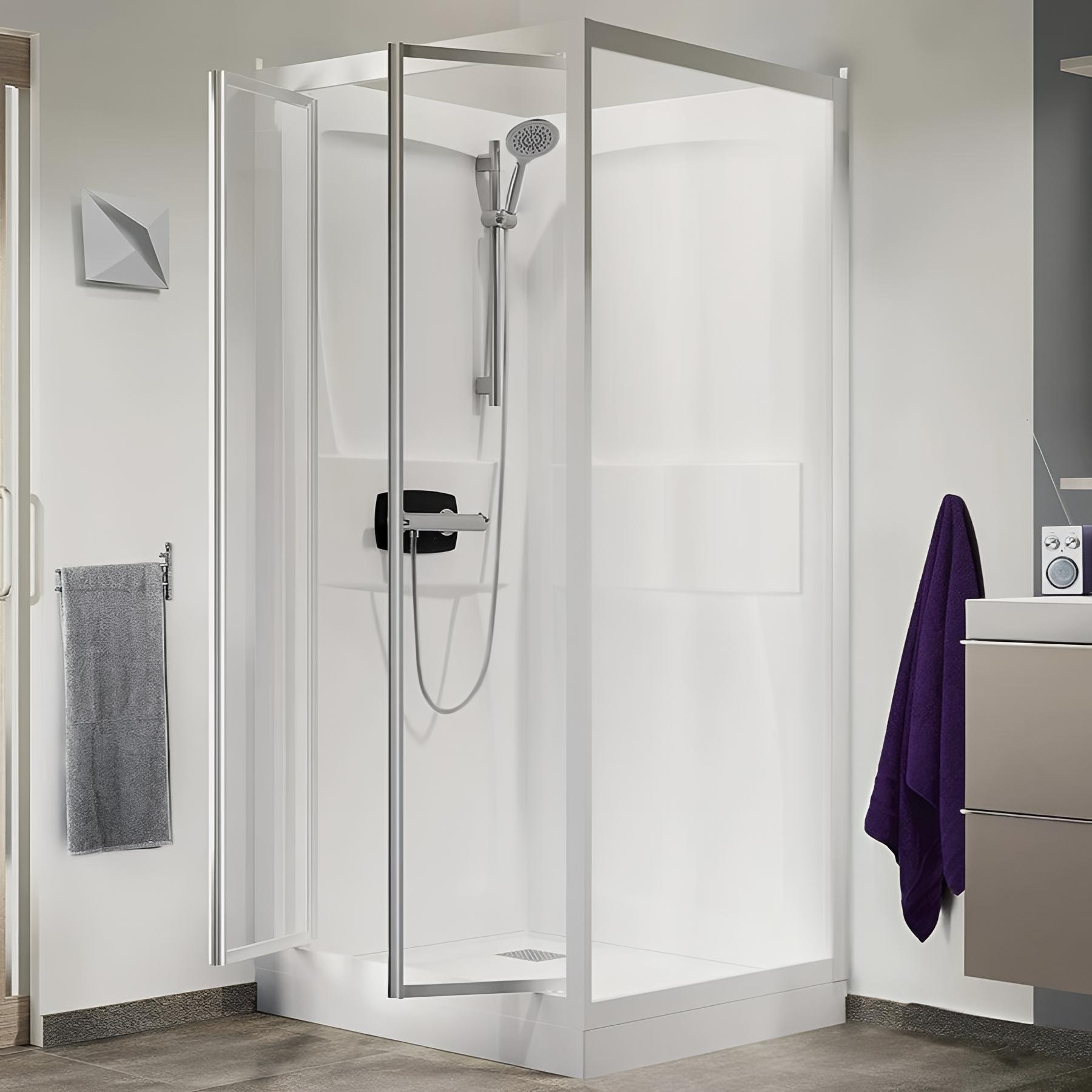 Cabine de douche kineprime c angle thermostatique portes pivotantes 80x80 cm verre transparent