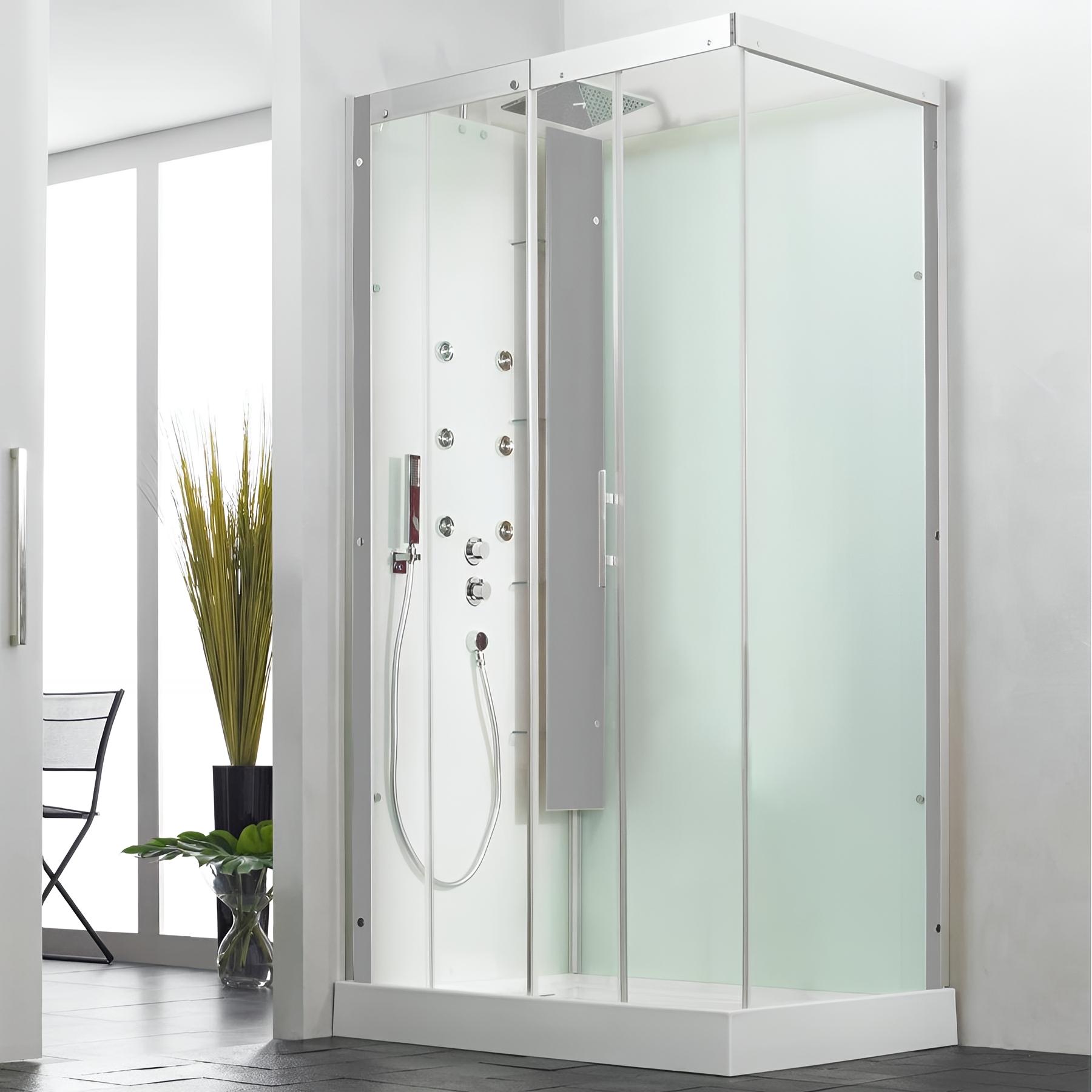 Cabine de douche horizon rectangulaire 120x91 cm acier porte coulissante hydromassante receveur 12,5 cm