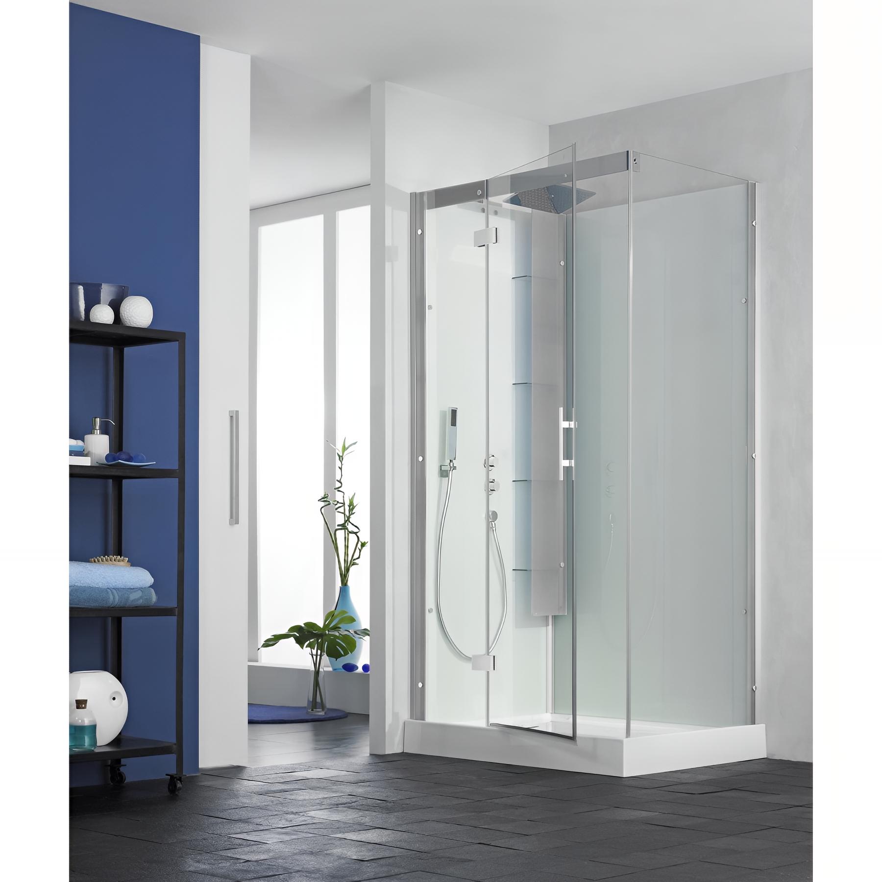 Cabine de douche horizon rectangulaire 110x81 cm acier porte coulissante thermostatique receveur 12,5 cm