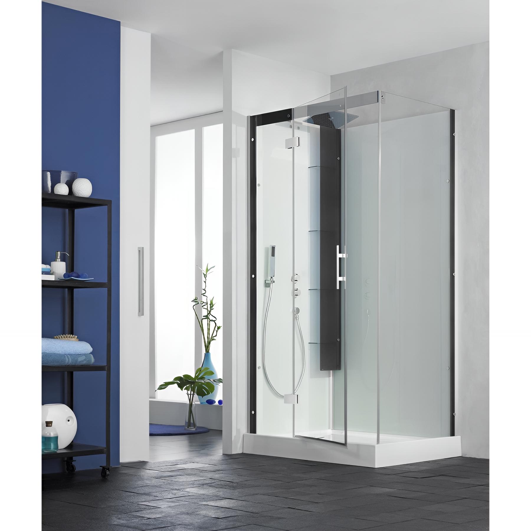 Cabine de douche horizon rectangulaire 110x81 cm perle noire porte coulissante thermostatique receveur 12,5 cm