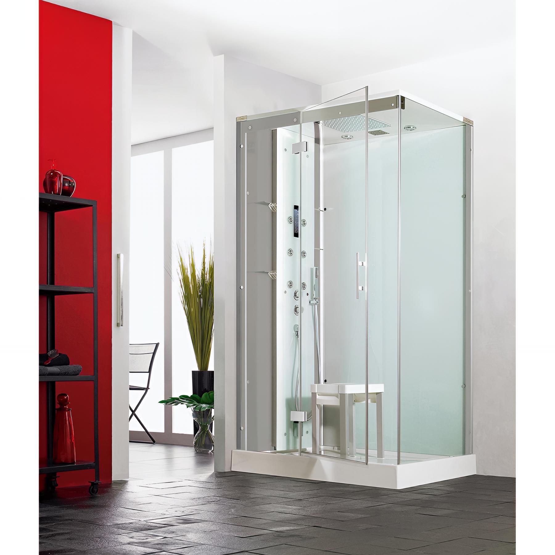 Cabine de douche horizon rectangulaire 120x91 cm acier porte coulissante hydro-hammam receveur 12,5 cm