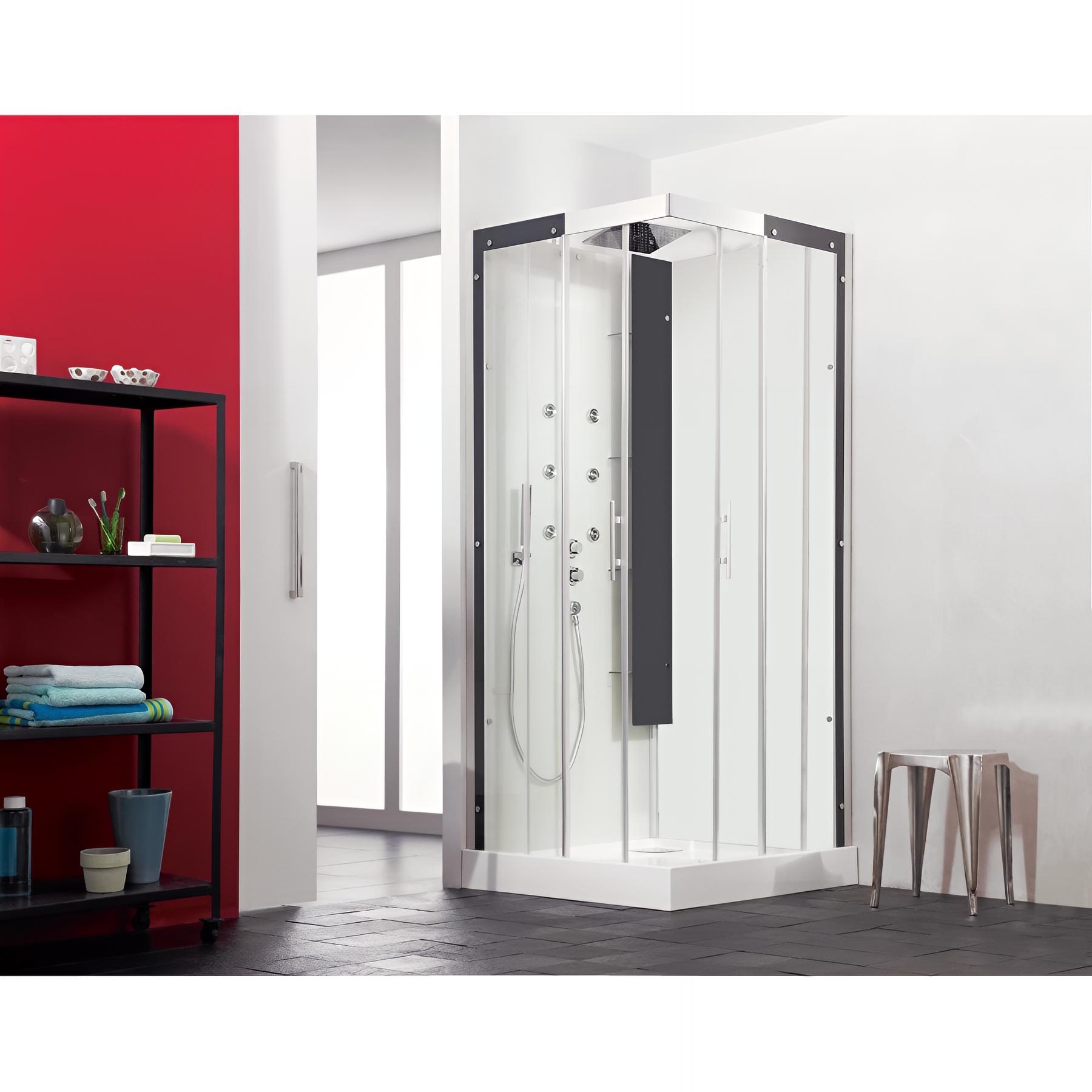 Cabine de douche horizon c90 perle noire porte coulissante hydromassante 90x90 cm receveur 12,5 cm