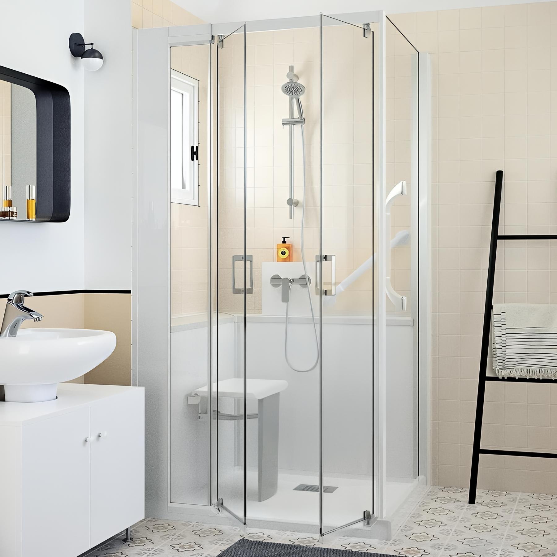 Kinemagic design basse thermostatique en angle 2 portes pivotantes verre bande centrale dépolie 100/117 x 69/86 cm