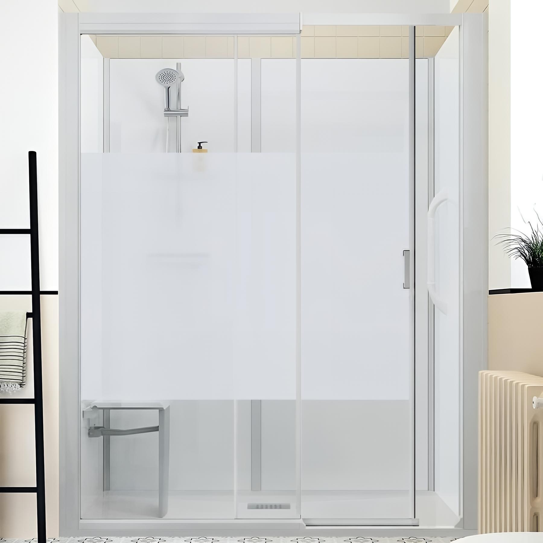 Kinemagic design mixte mécanique en angle porte coulissante verre bande centrale dépolie 170/187 x 89/106 cm