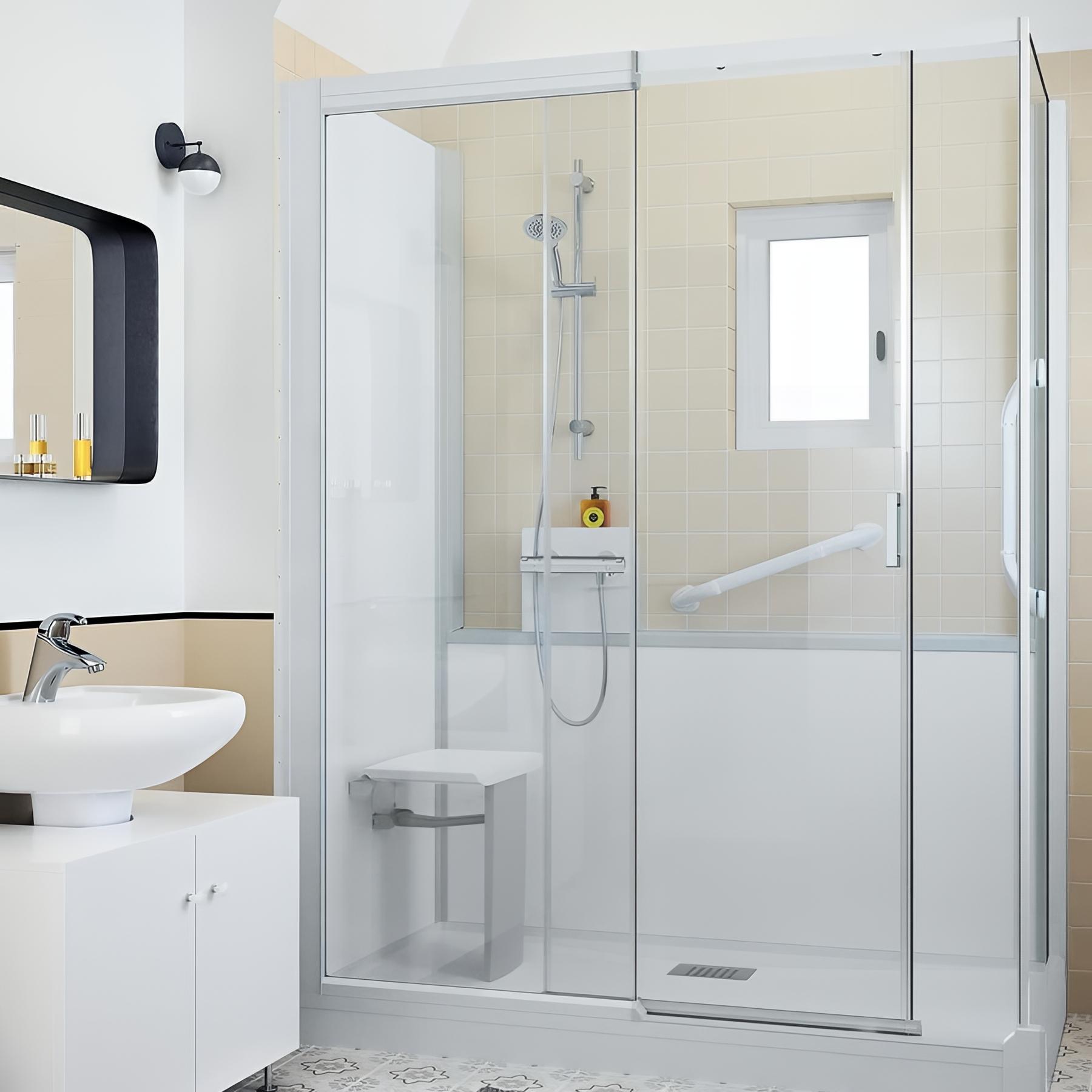 Kinemagic sérénité basse thermostatique en niche porte coulissante verre transparent 170/205 x 89/106 cm