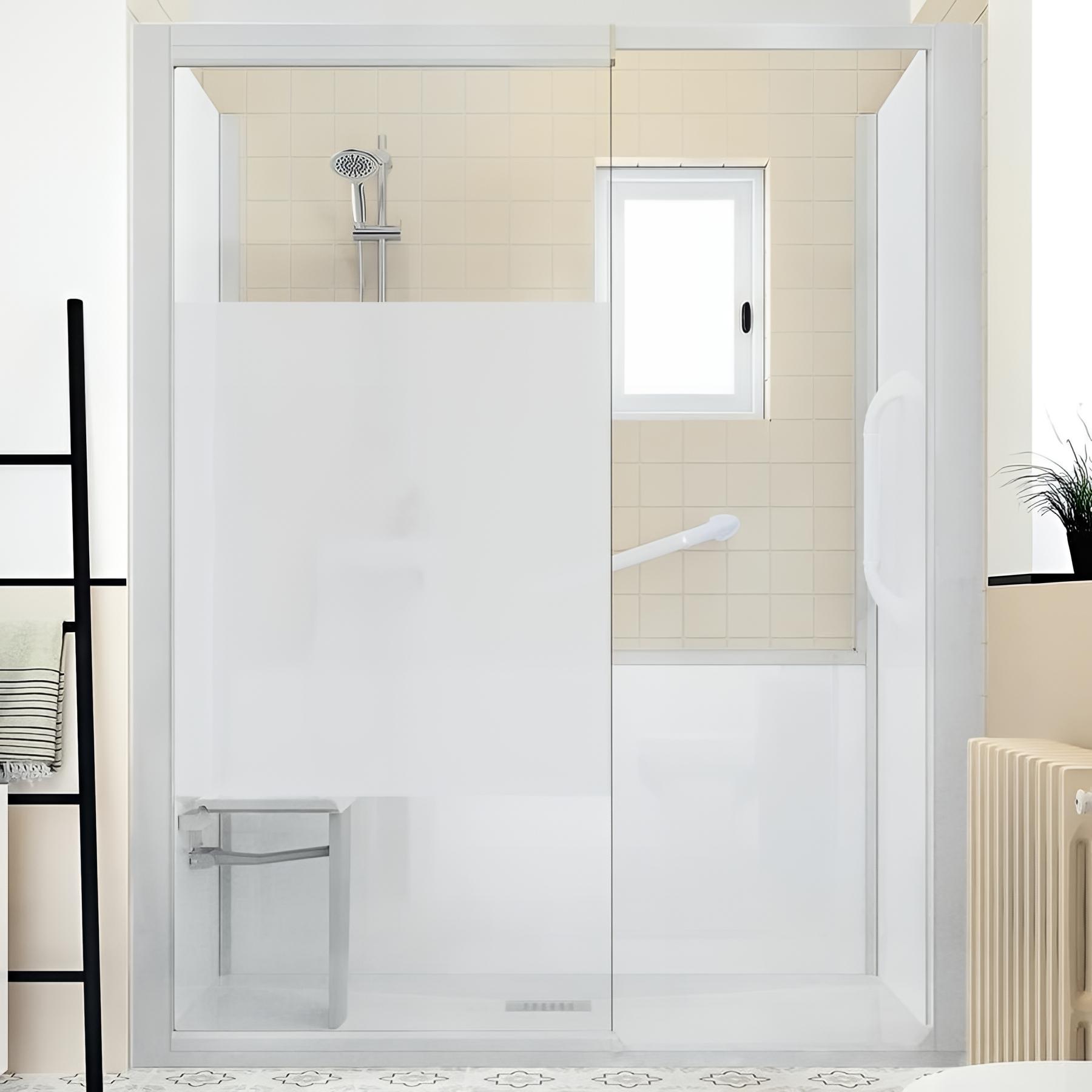 Kinemagic sérénité basse mécanique en niche espace ouvert verre bande centrale dépolie 170/187 x 89/106 cm