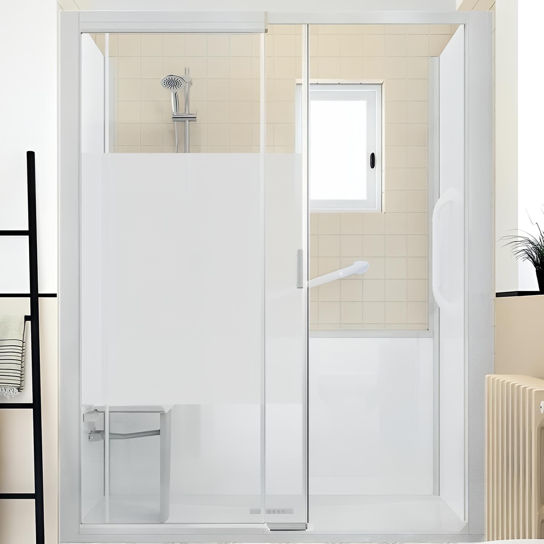 Kinemagic sérénité basse mécanique en niche porte coulissante verre bande centrale dépolie 170/187 x 89/106 cm