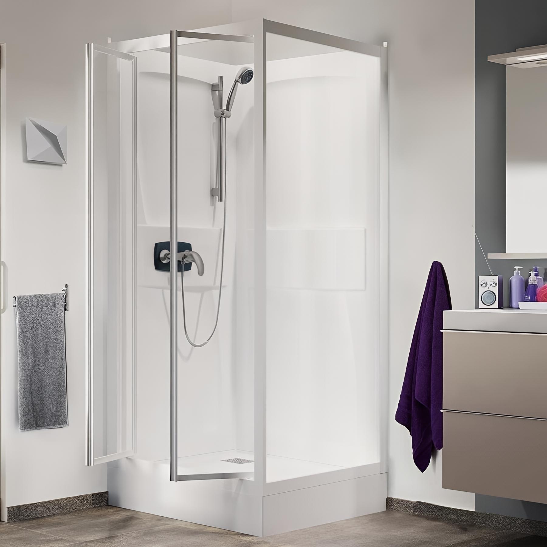 Cabine de douche kineprime 100x80 cm niche mécanique portes pivotantes receveur 18 cm verre transparent