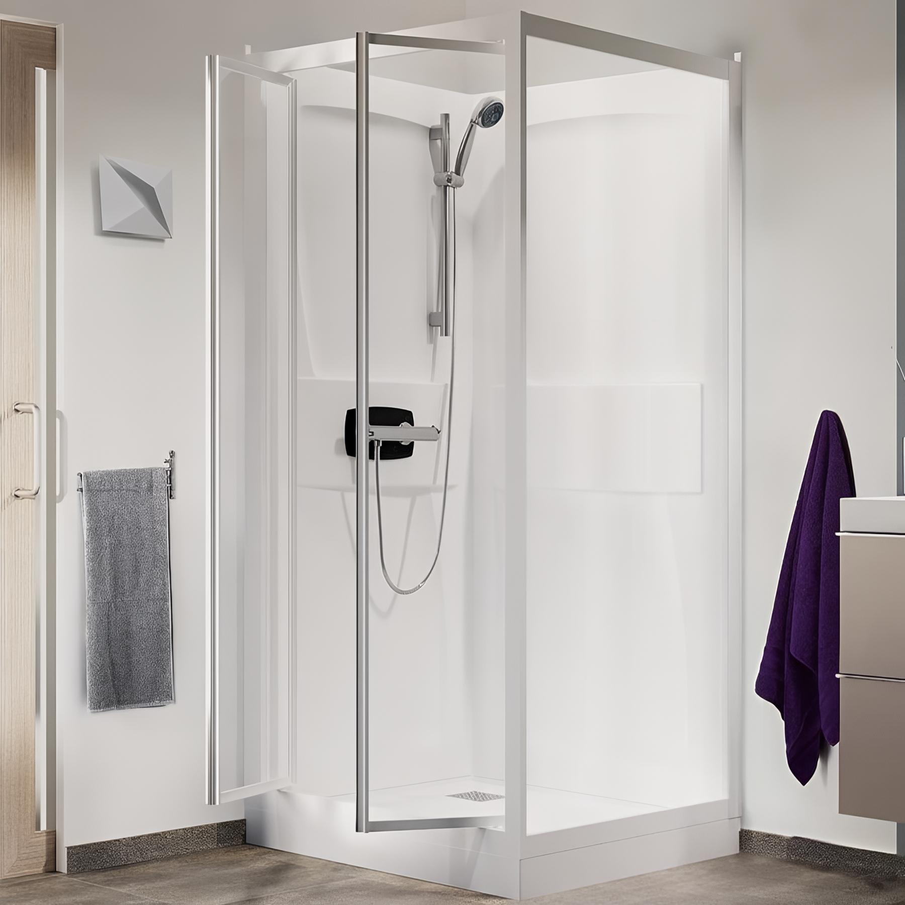 Cabine de douche kineprime 100x80 cm niche thermostatique portes pivotantes receveur 18 cm verre transparent