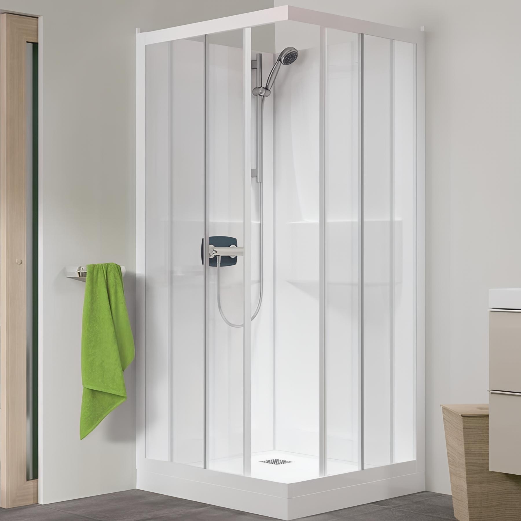 Cabine de douche kineprime c angle thermostatique portes coulissantes 70x70 cm verre transparent
