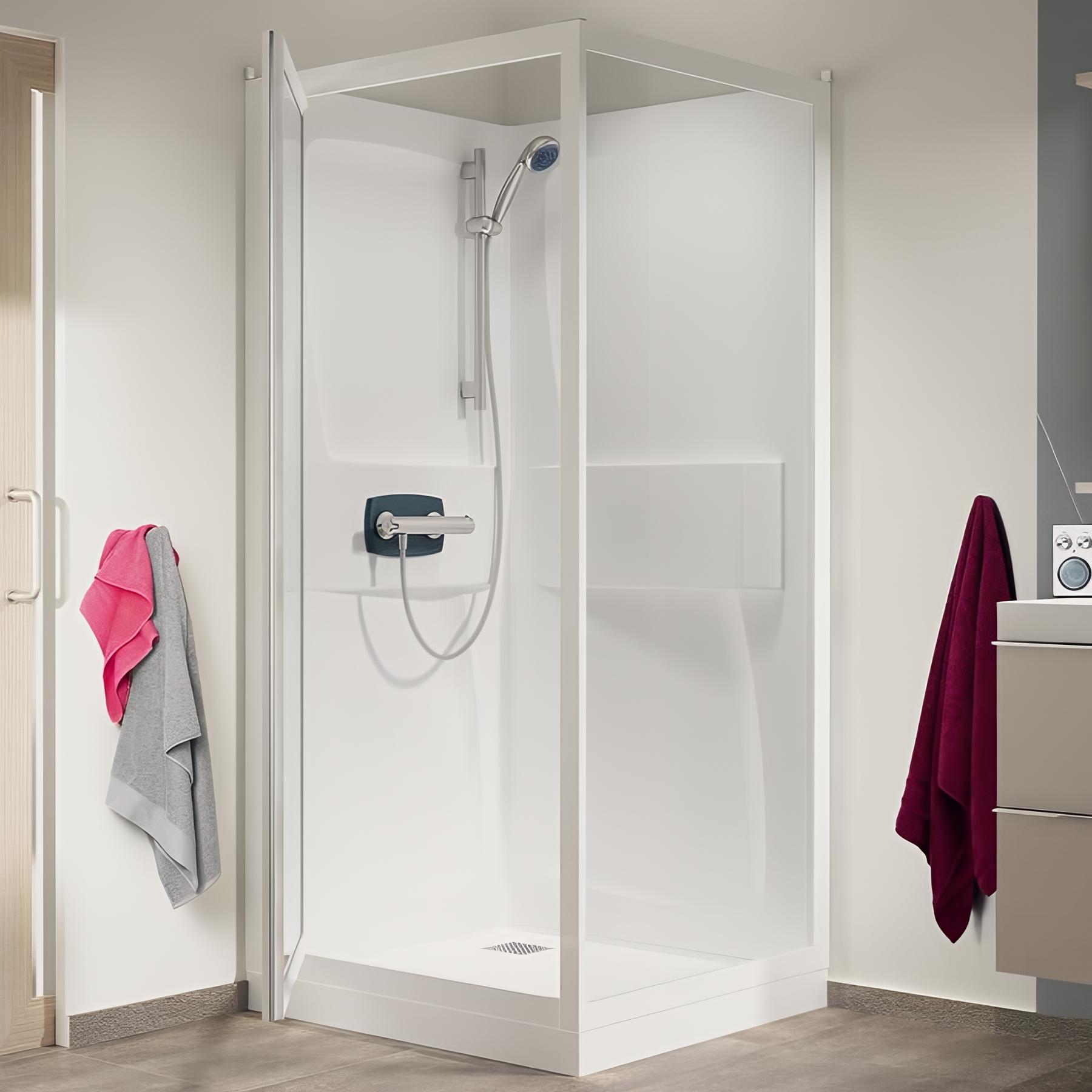 Cabine de douche kineprime c angle thermostatique porte pivotante 80x80 cm verre transparent