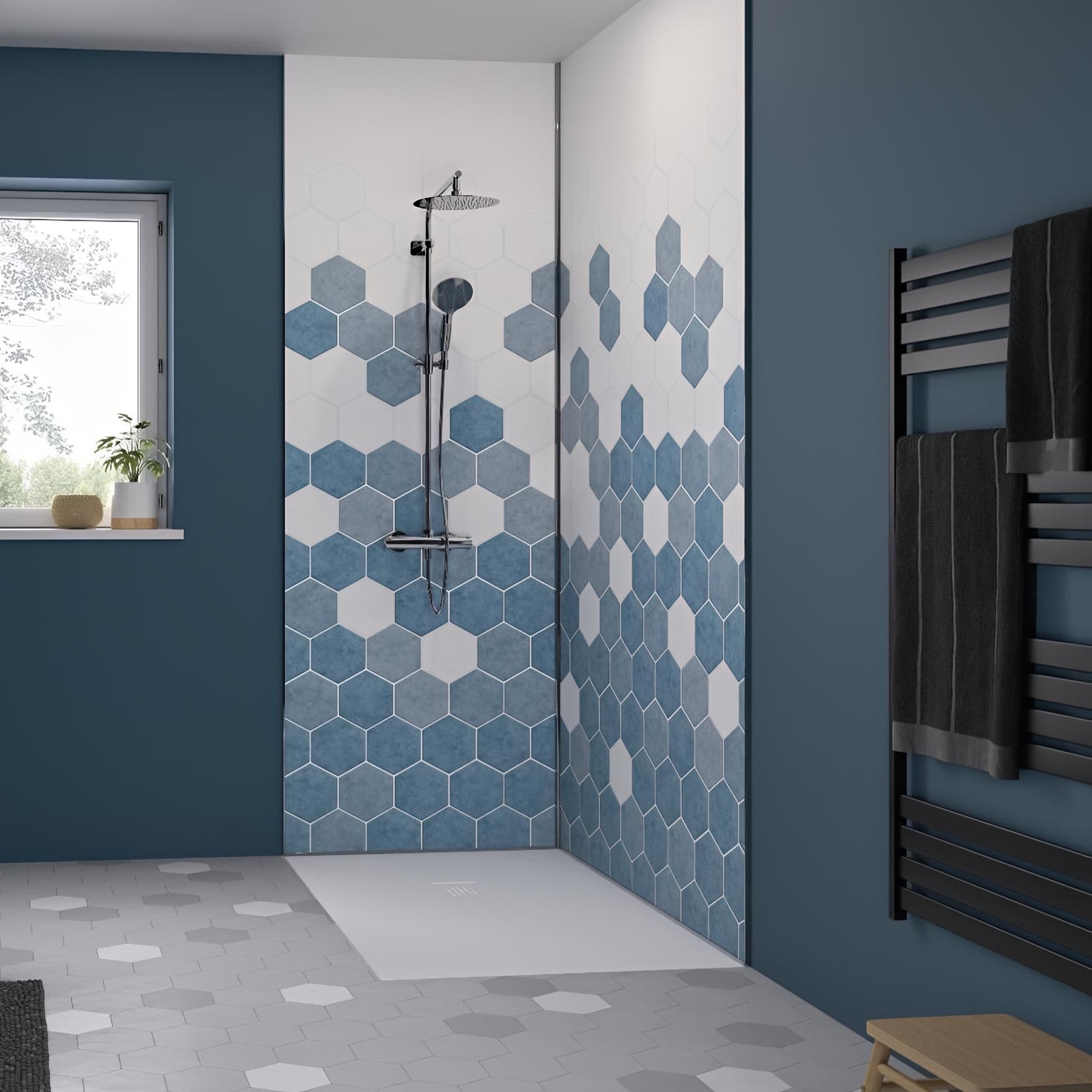 Panneau de douche kinewall design 125x202 cm tomette camaieu bleu