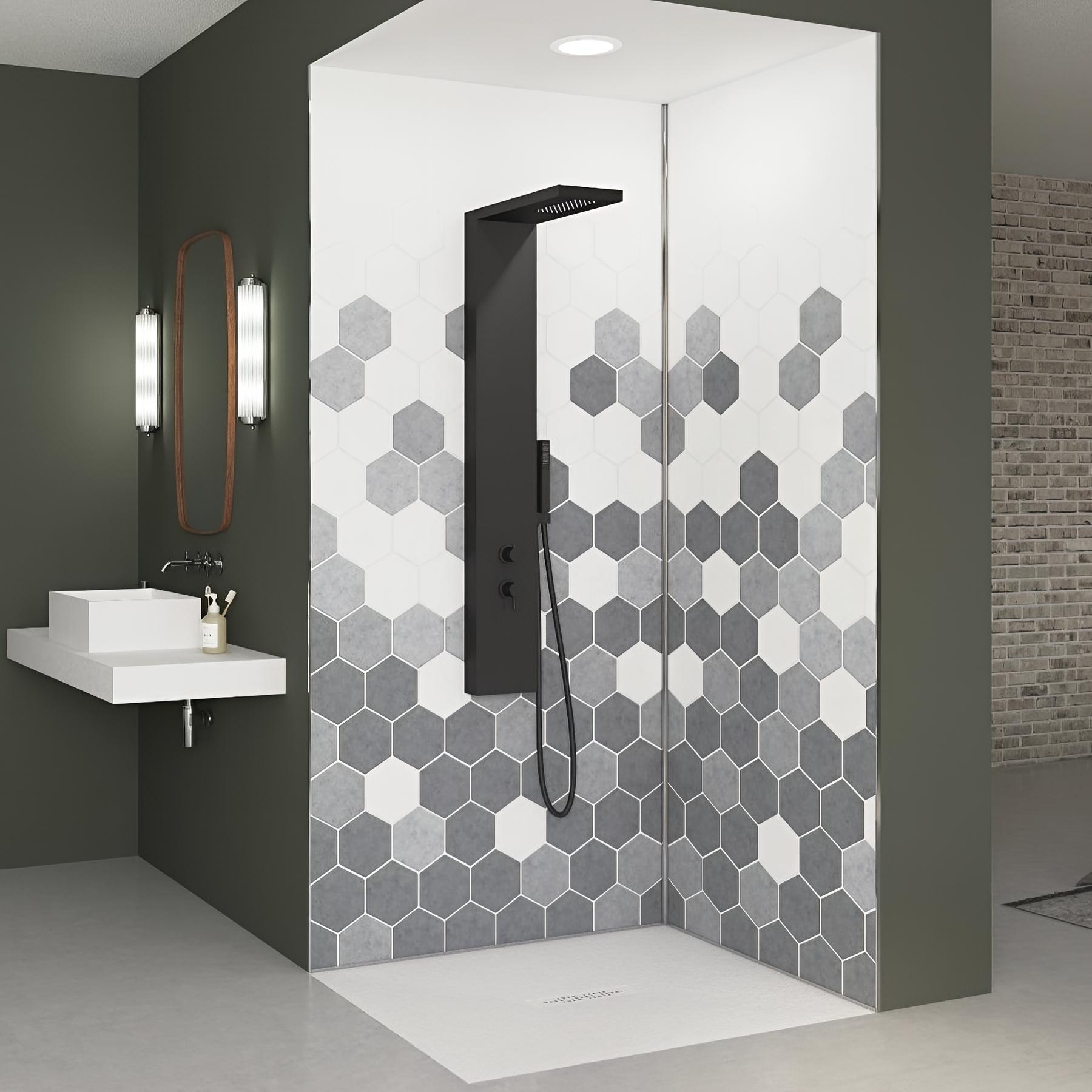 Panneau de douche kinewall design 125x202 cm tomette camaïeu gris