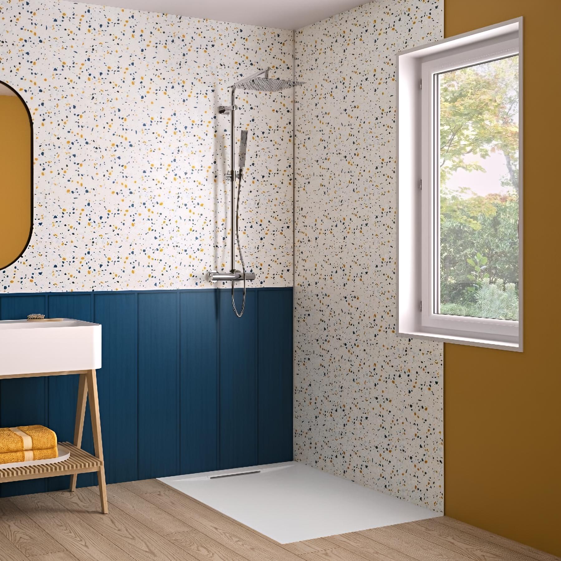 Panneau de douche kinewall design 100x202 cm bardage + terrazzo bleu