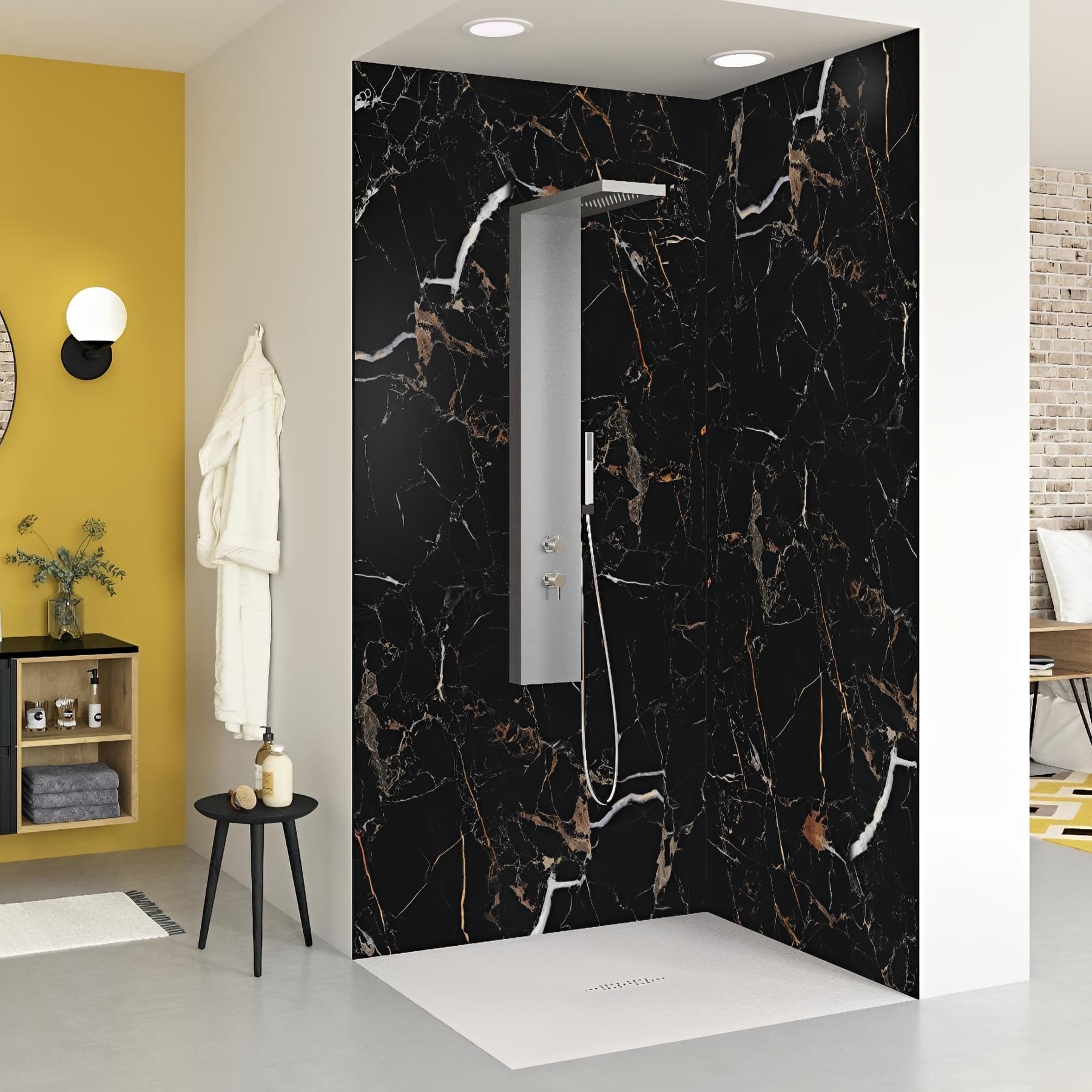 Panneau de douche kinewall design 100x202 cm marbre noir et or