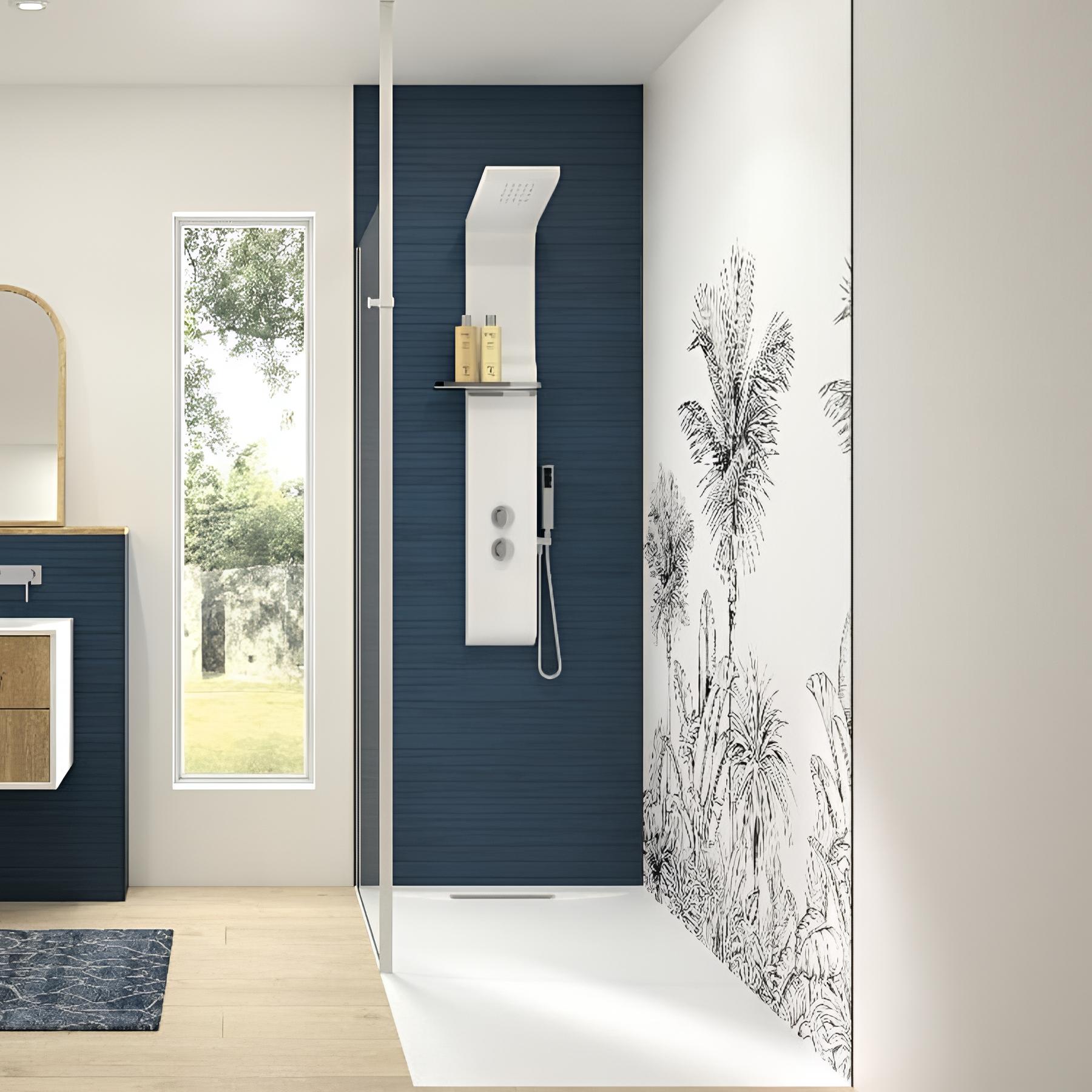 Panneau de douche kinewall design 150x250 cm teck horizon bleu outremer