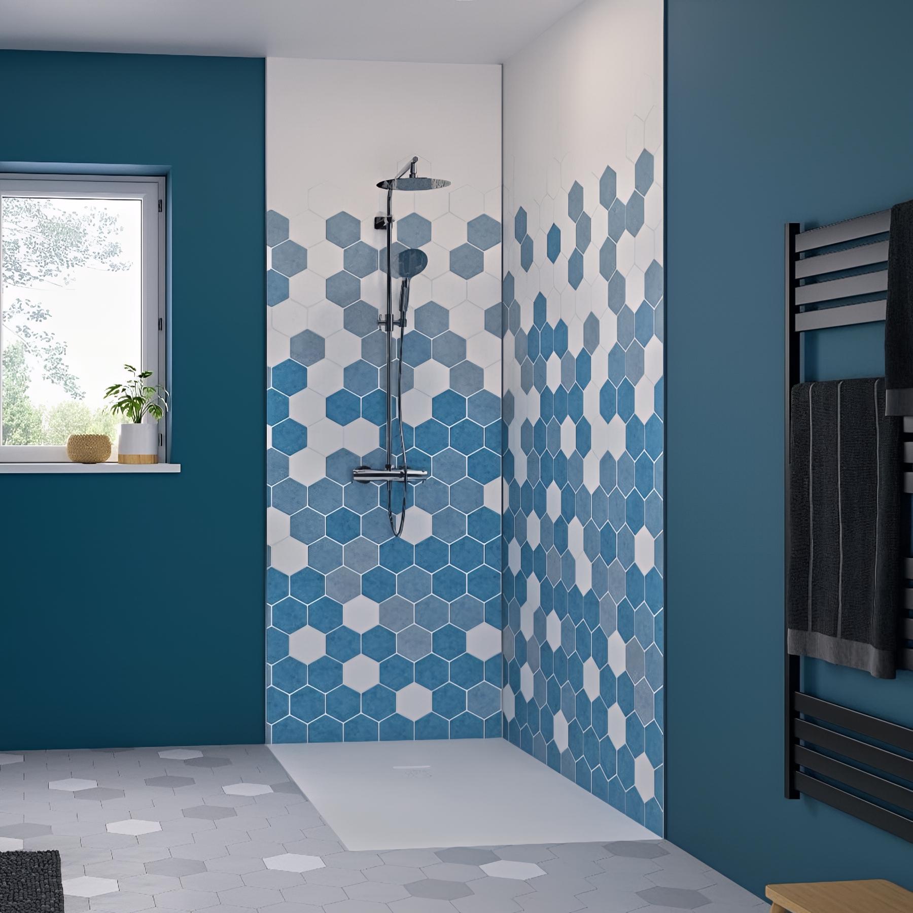 Panneau de douche kinewall design 100x202 cm tomette camaïeu bleu