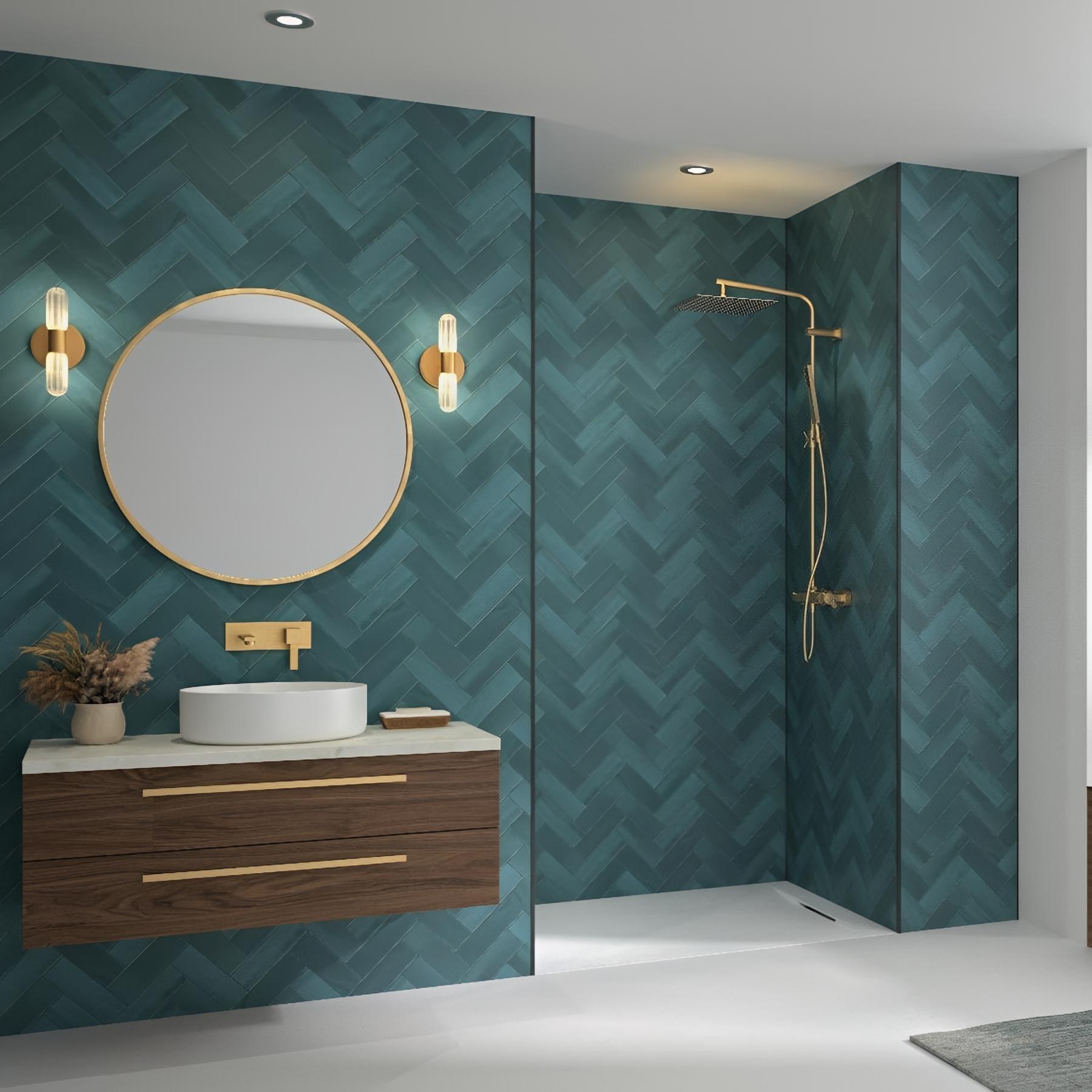 Panneau de douche kinewall design 150x250 cm zellige lagon chevrons