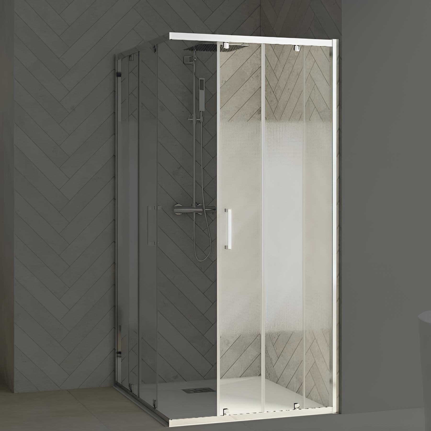 Porte de douche smart design c extens. 1 volet coulis. Fixe à gauche passage droite profilé gris noir grainé verre transp. 1270-