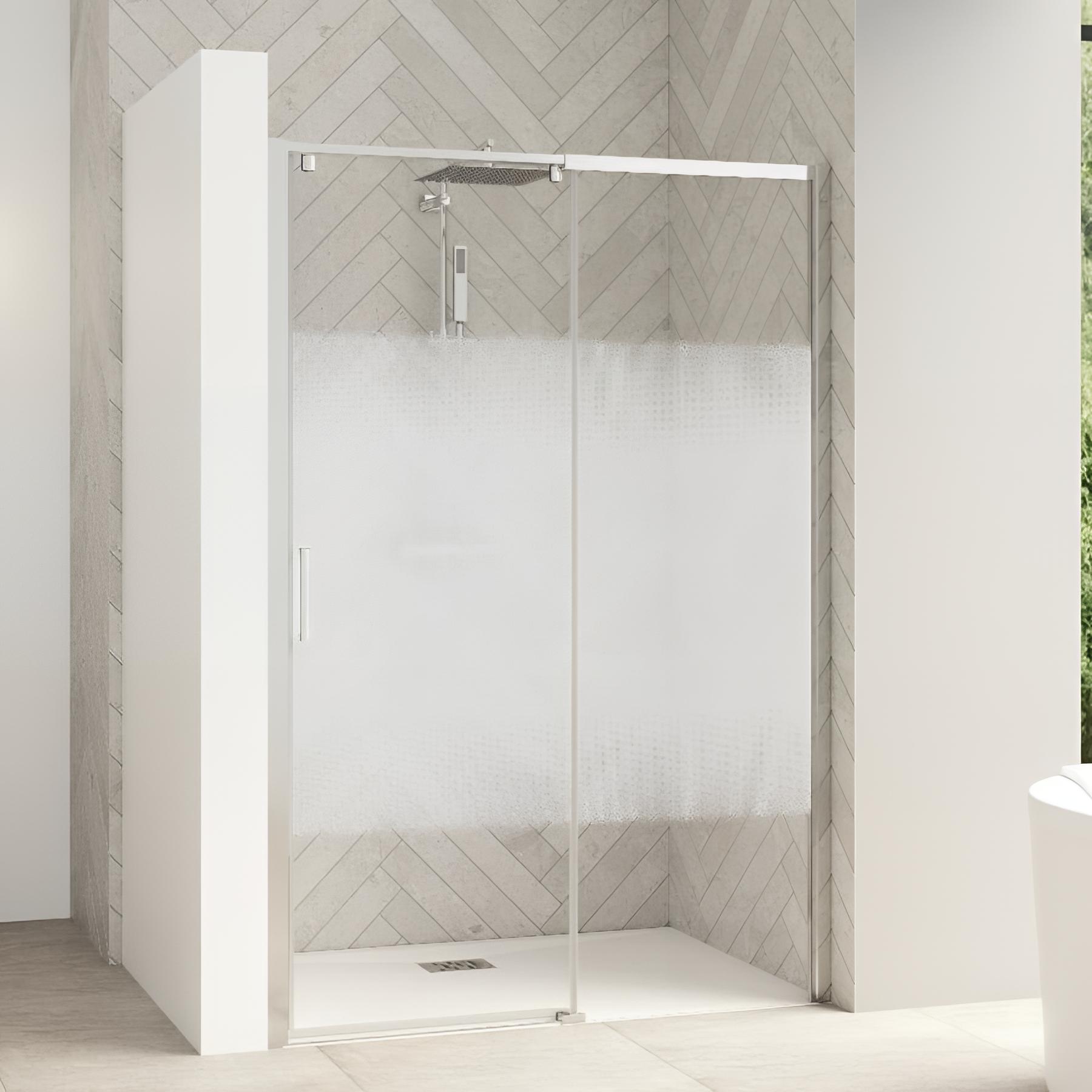Porte de douche smart design 3v sans seuil verre sérigraphié cosmos 80 cm profilé blanc