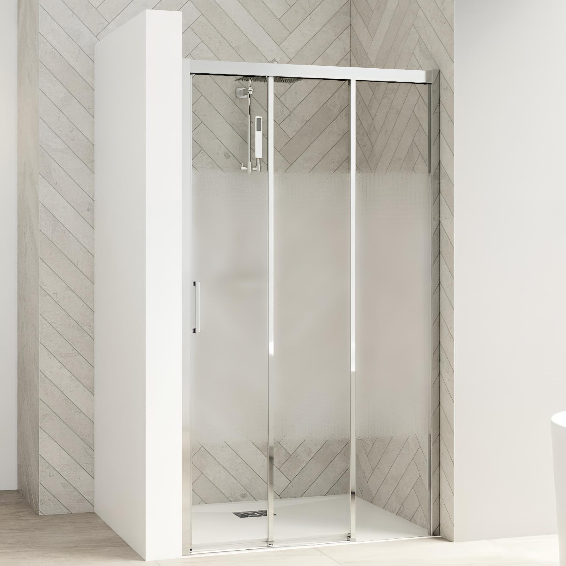 Porte de douche avec 1 volet coulissant smart design c extensible avec seuil profilé blanc et verre transparent 1570-1700 mm