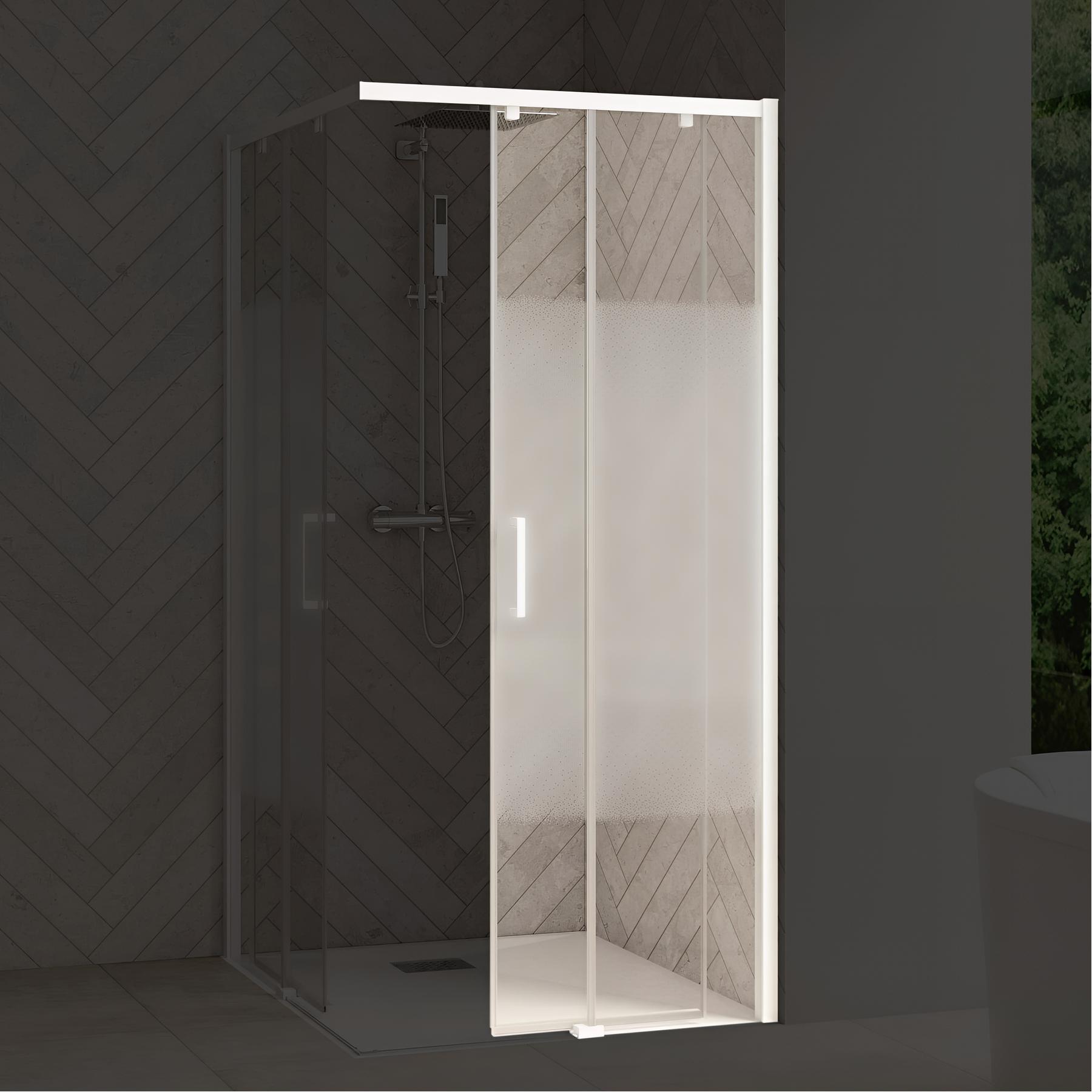 Porte de douche smart design c extens. 1 volet coulis. Partie fixe gauche passage droite profilé blanc verre cosmos 1570-1700 mm