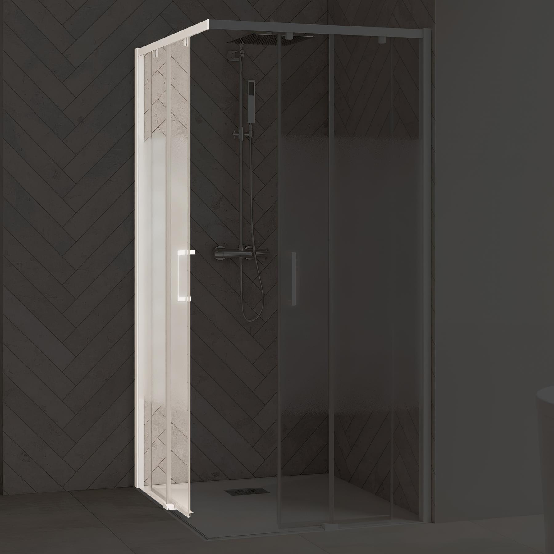 Porte de douche smart design c extens. 1 volet coulis. Partie fixe droite passage gauche profilé blanc verre transparent 1570-17