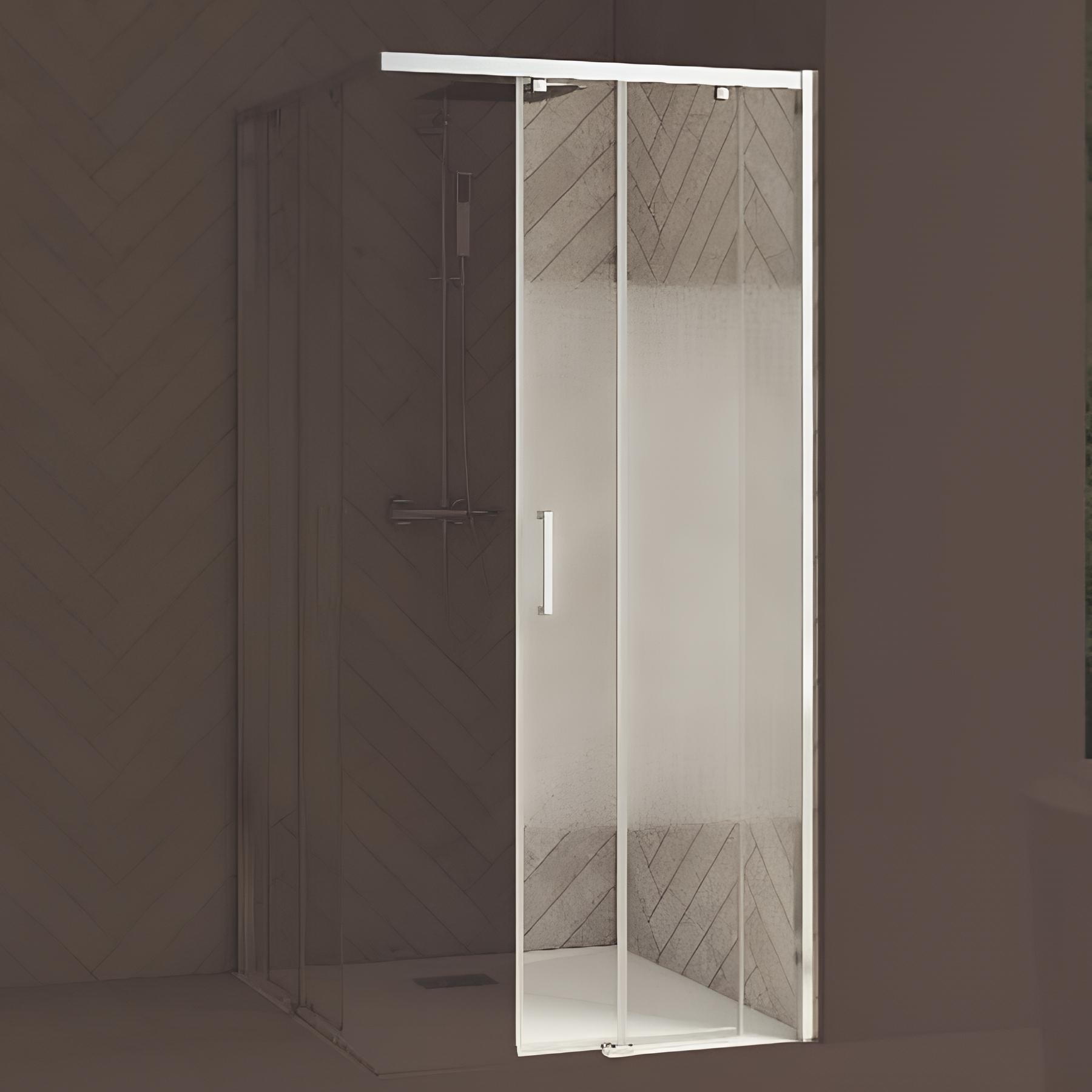 Porte de douche smart design c extens. 1 volet coulis. Partie fixe gauche passage droite profilé blanc verre transparent 1570-17