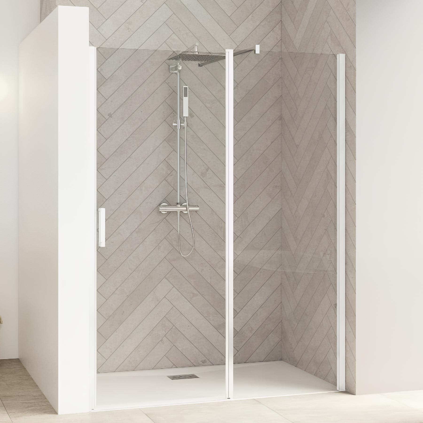 Porte de douche smart design p charnières + f sans seuil en angle verre cosmos 90 cm profilé blanc