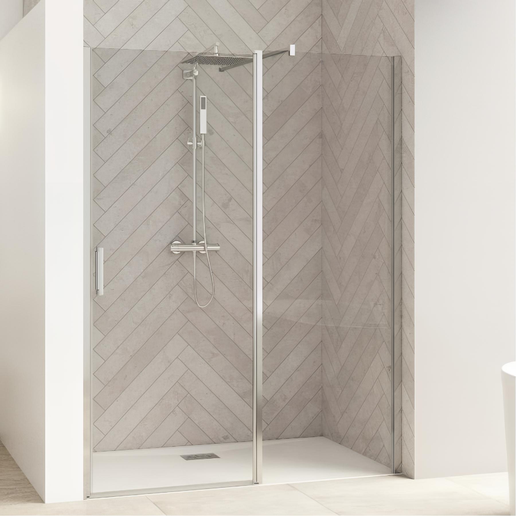 Porte de douche smart design p charnières + f sans seuil en angle verre cosmos 90 cm profilé blanc