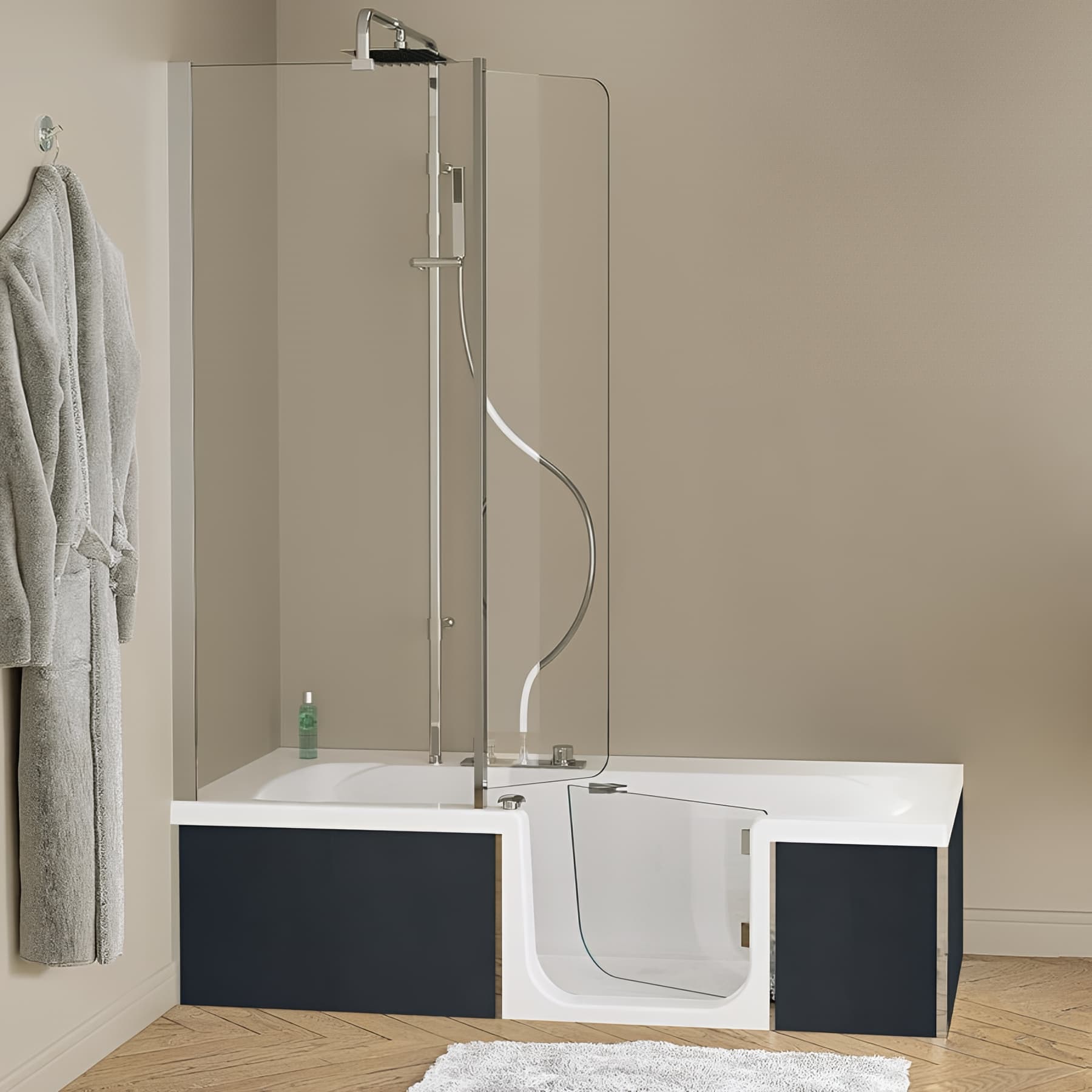 Baignoire à porte PMR DUO PACK DESIGN 180x80 pose en angle espace douche à gauche tête à droite tablier inclus
