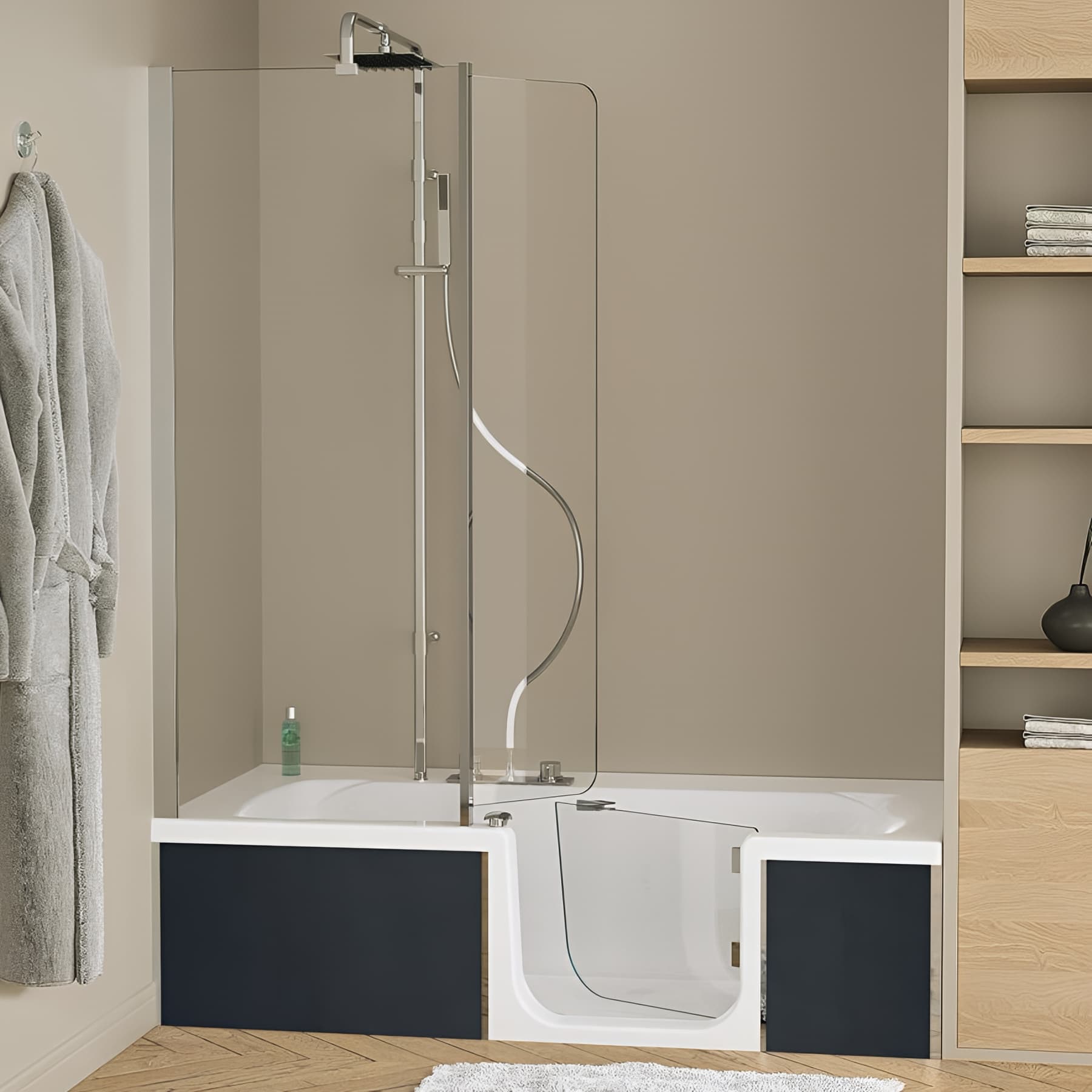 Baignoire à porte PMR DUO PACK DESIGN 2 170x75 pose en niche espace douche à droite tête bain à gauche tablier inclus
