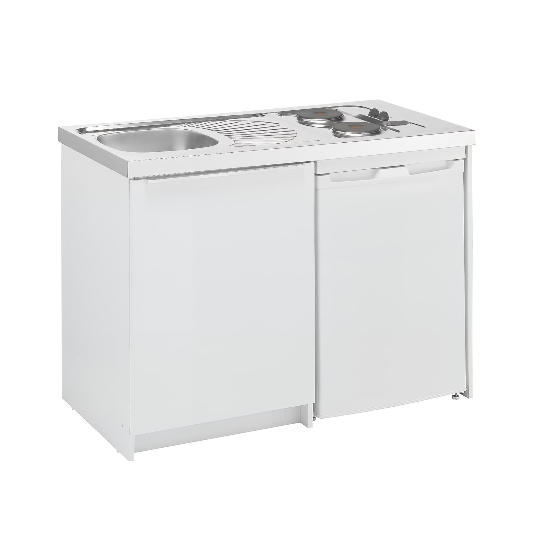 Cuisinette complète mélaminé blanc, L120cm, évier inox F17, frigo 55 cm