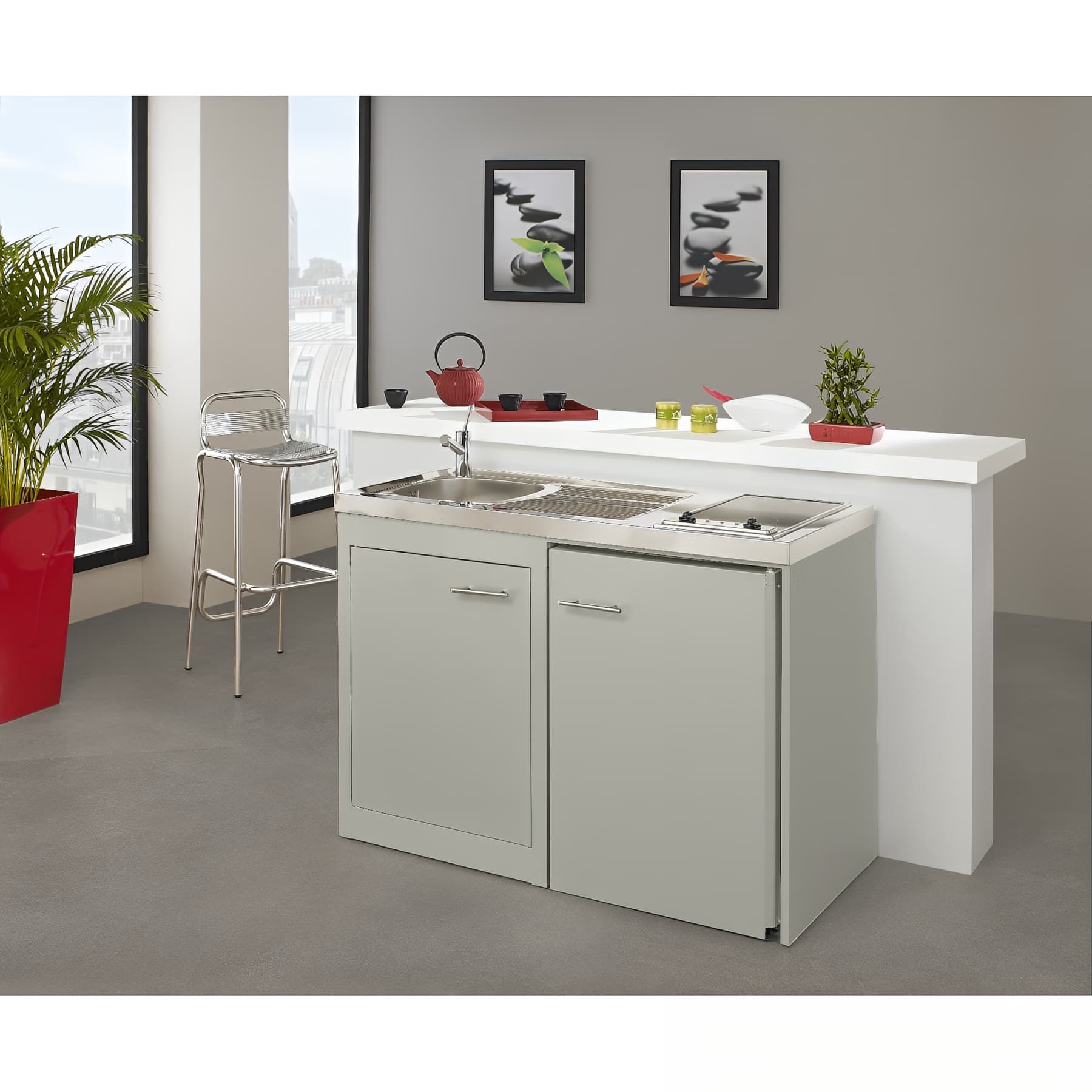 Meuble bas Clipmétal GRIS SOIE  pour cuisinette 120 cm