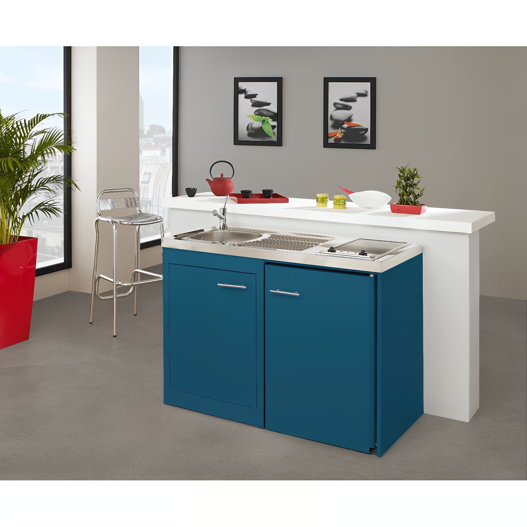 Meuble bas Clipmétal BLEU pour cuisinette 120 cm