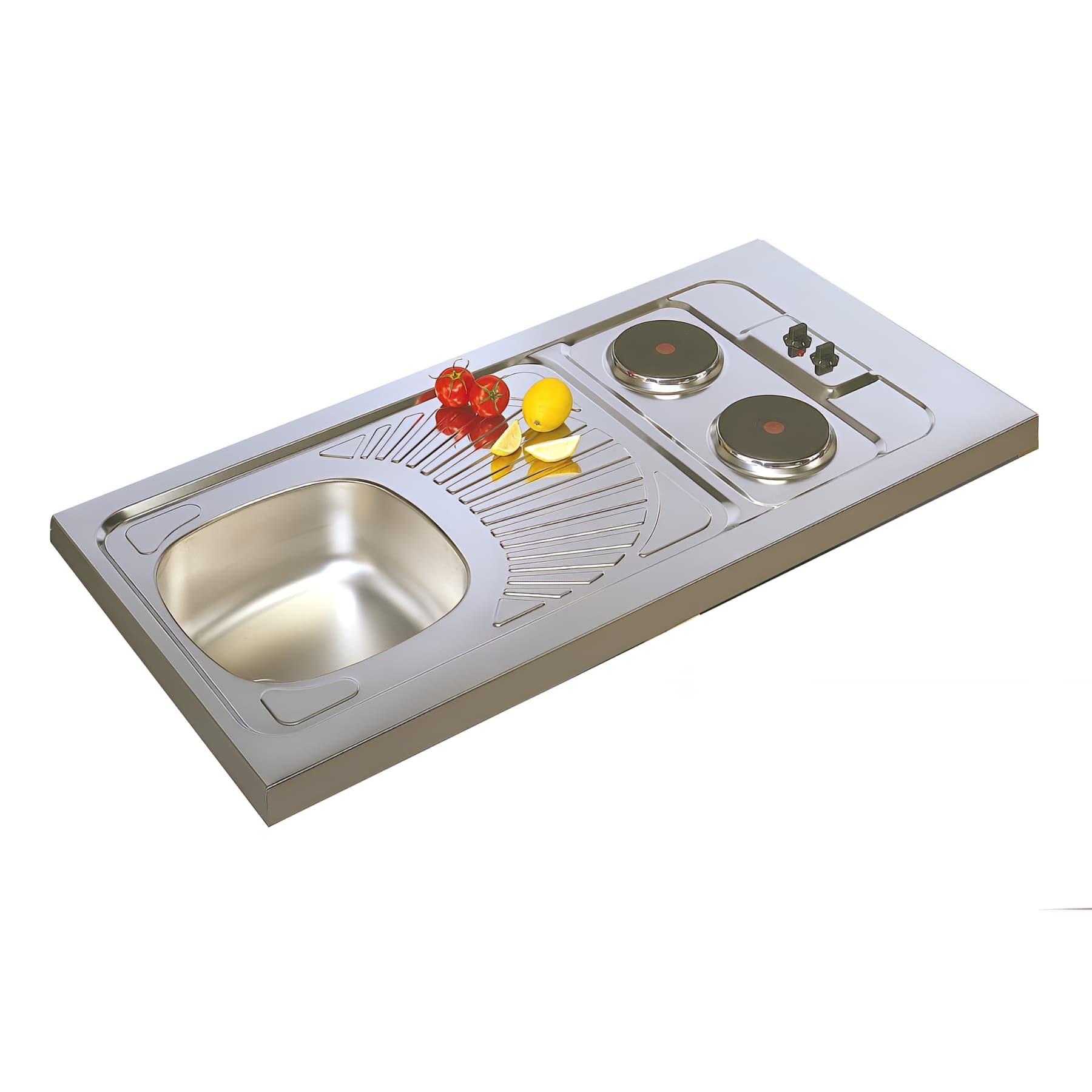 Evier cuisinette CPAE inox 18/10 lisse, 1 bac + 2 plaques électriques, L120 cm+vidage