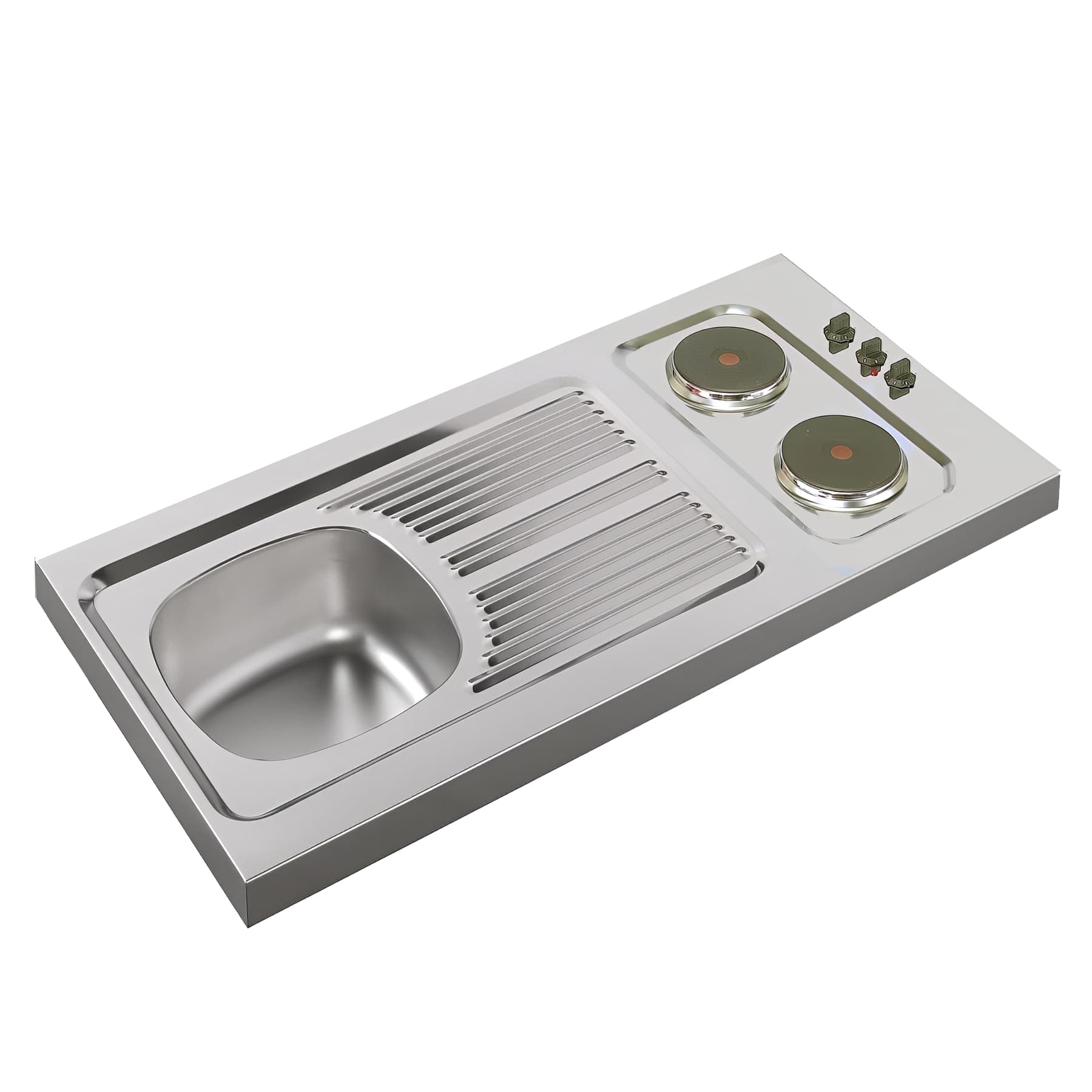 Evier cuisinette CPAE inox 18/10 lisse, 1 bac + 2 plaques élec + timer, L120 cm+vidage