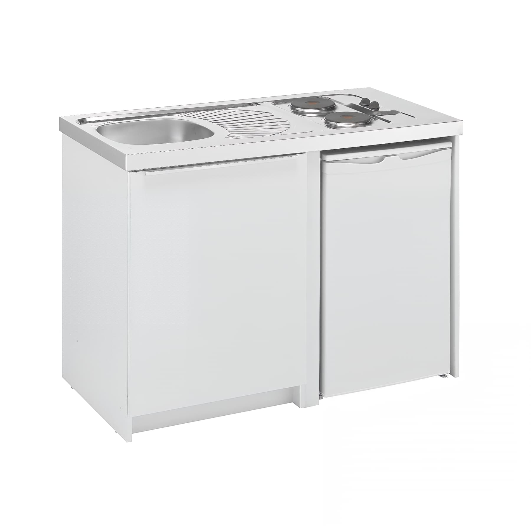 Cuisinette complète mélaminé blanc, L120cm, évier inox 18/10, frigo 48 cm