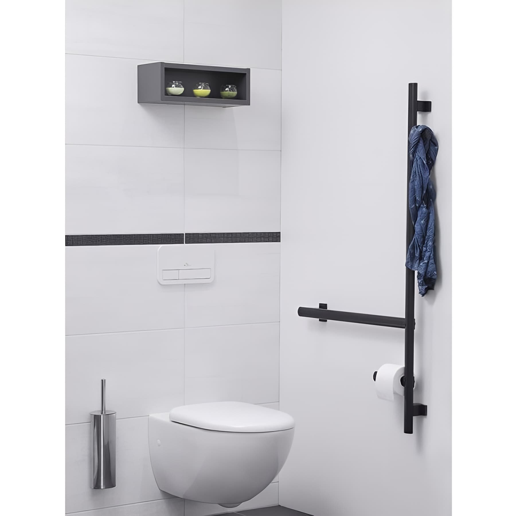 Barre PMR d'appui normes handicapé Gamme PRO PELLET en L multifonctions 551x1050mm porte-rouleau & patère anthracite