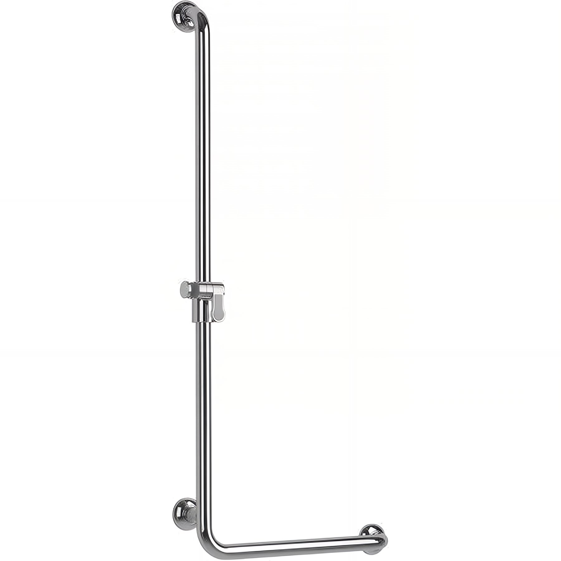 Barre PMR d'appui normes handicapé Gamme PRO PELLET en L à gauche 450x1100 mm support douchette laiton chromé Ø 32mm