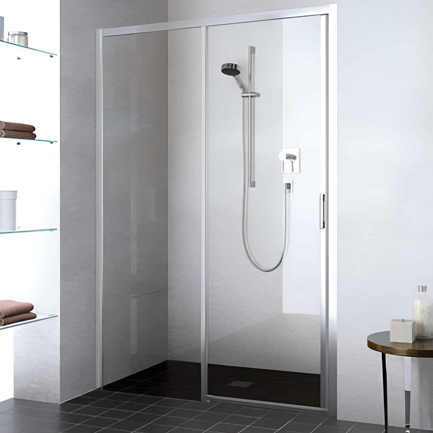 Paroi de douche coulissante largeur 150 cm hauteur 200 cm argent finition mat verre clair clean