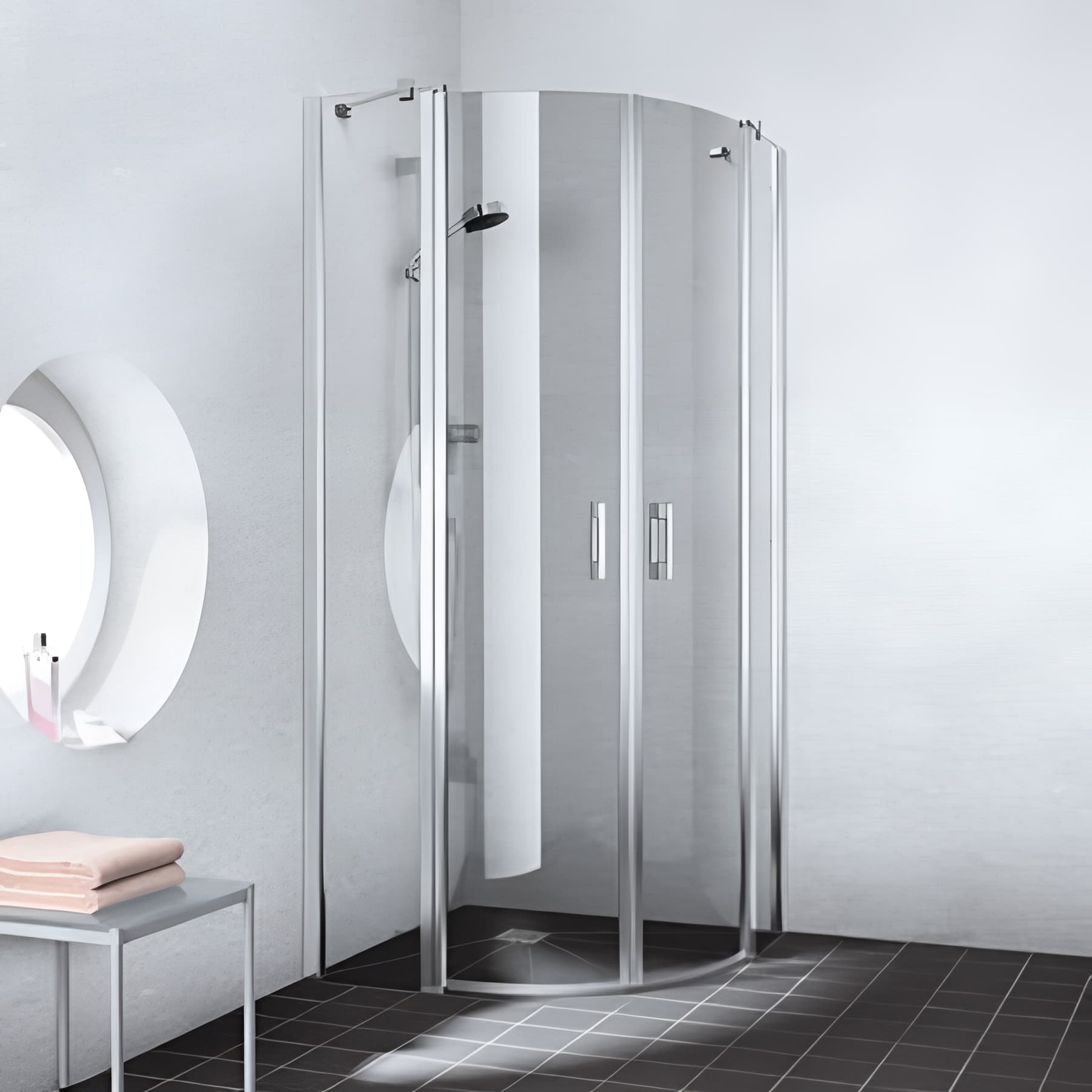 Paroi de douche arrondie pivotante largeur 80cm hauteur 200 cm profilé argent poli verre clair