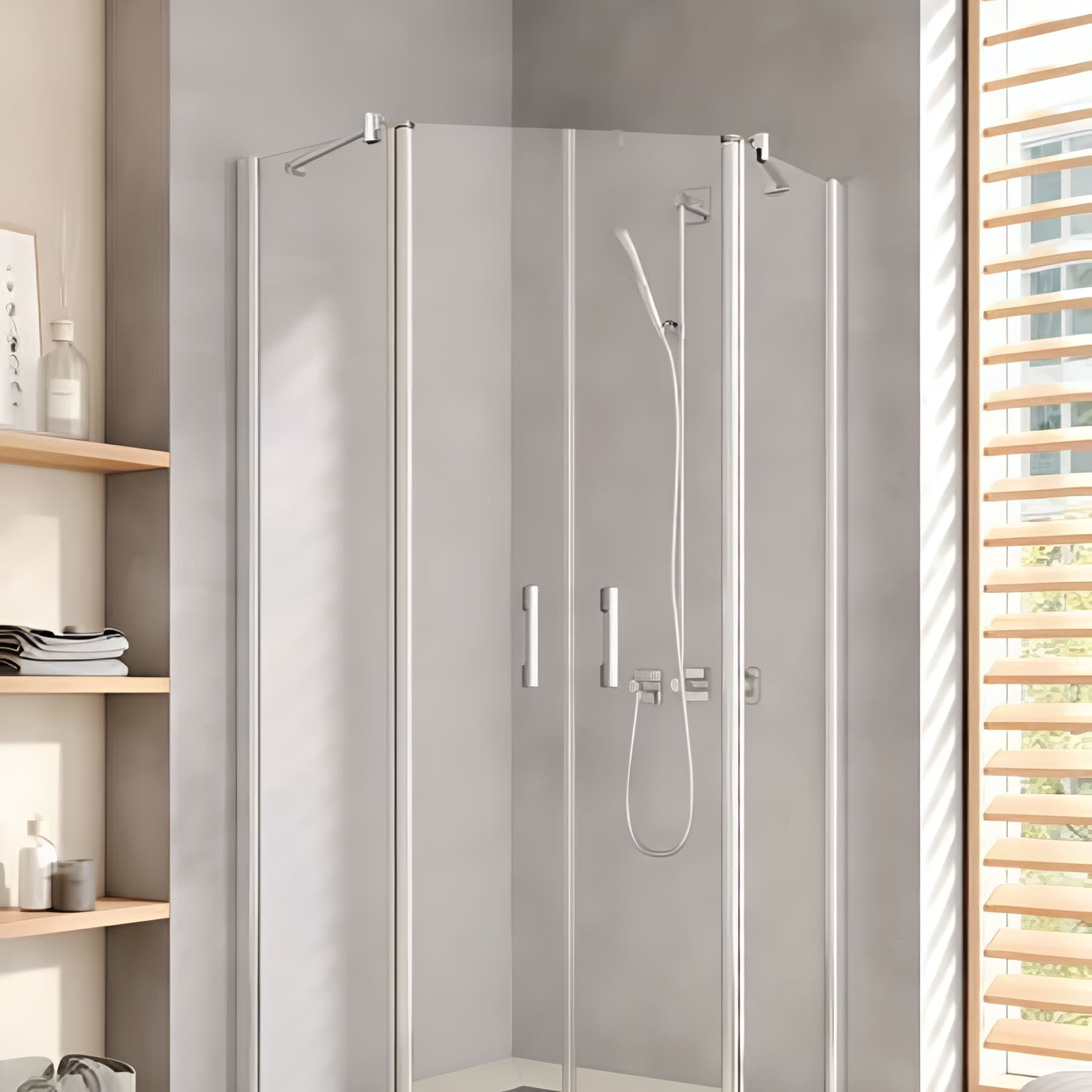 Paroi de douche pentagonale pivotante largeur 90cm hauteur 200 cm profilé argent poli verre clair