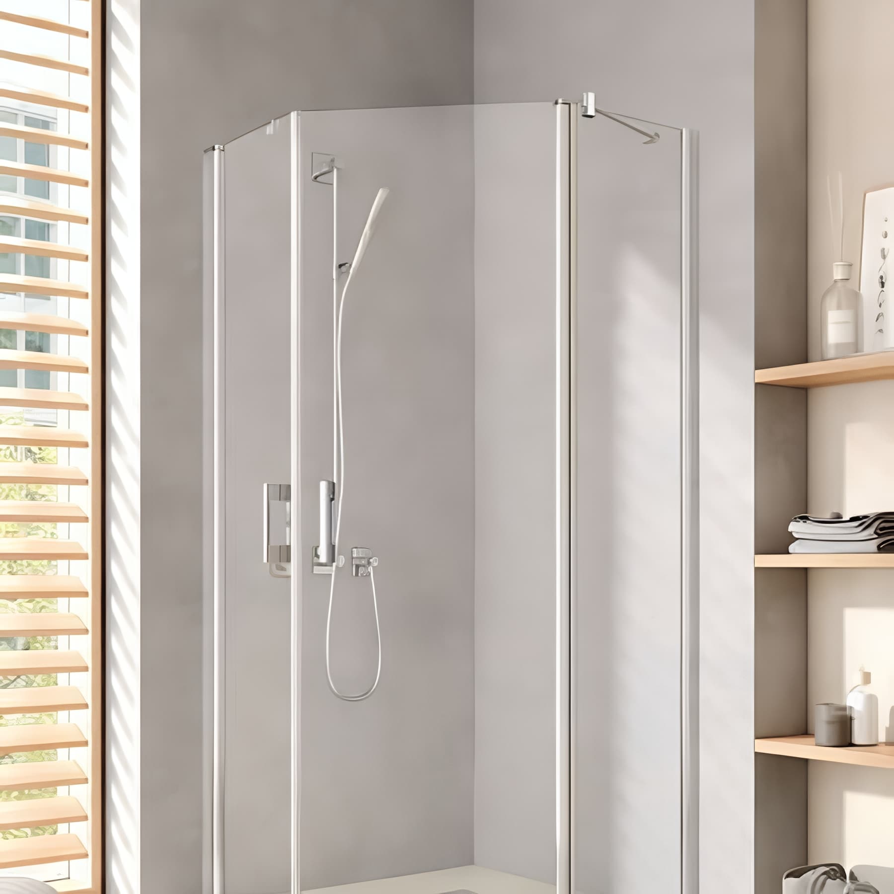 Paroi de douche pentagonale pivotante largeur 90cm hauteur 200 cm profilé argent poli verre clair