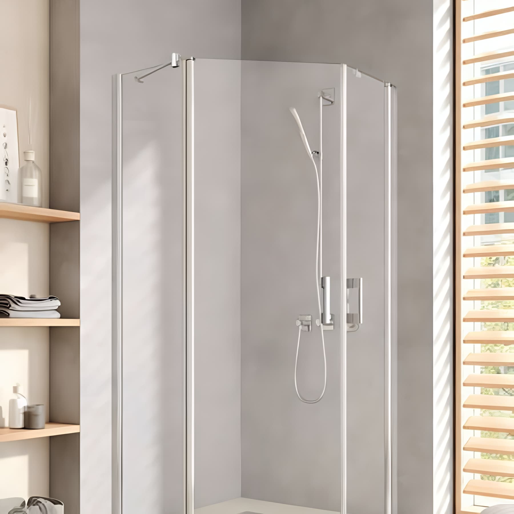 Paroi de douche pentagonale pivotante largeur 90cm hauteur 200 cm profilé argent poli verre clair