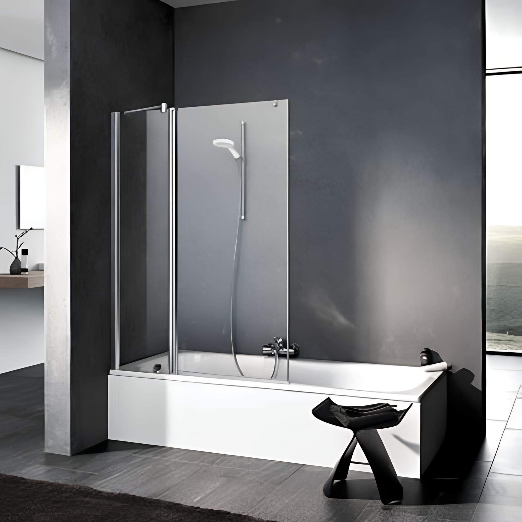 Pare bain largeur 110 cm hauteur 150 cm profilé argent poli verre clair