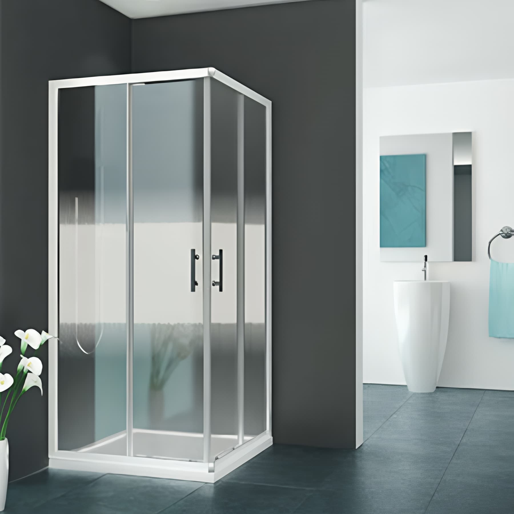 Ensemble d'angle coulissant Série largeur 90cm hauteur 190 cm profilé blanc verre sérigraphié Noxe anticalcaire