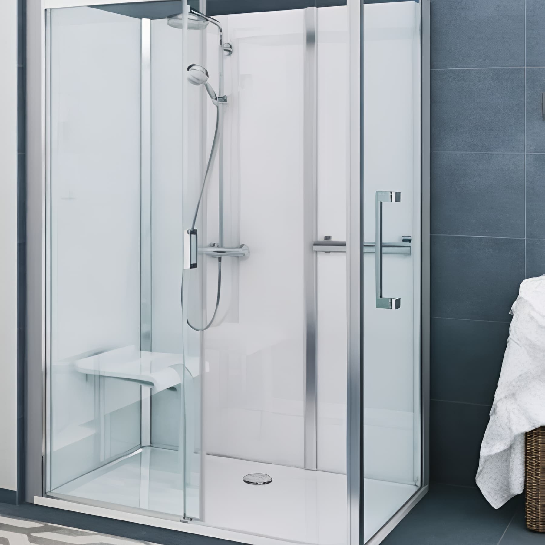 Cabine de douche version haute en angle longueur 116 cm largeur 77,7cm blanc verre clair déperlant