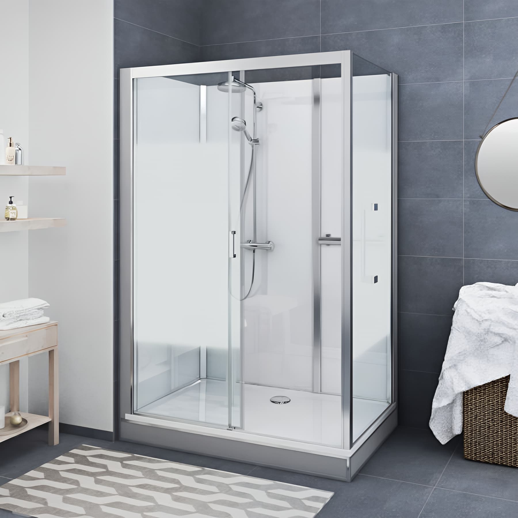 Cabine de douche version haute en angle longueur 116 cm largeur 67,7cm anthracite verre sérigraphié déperlant