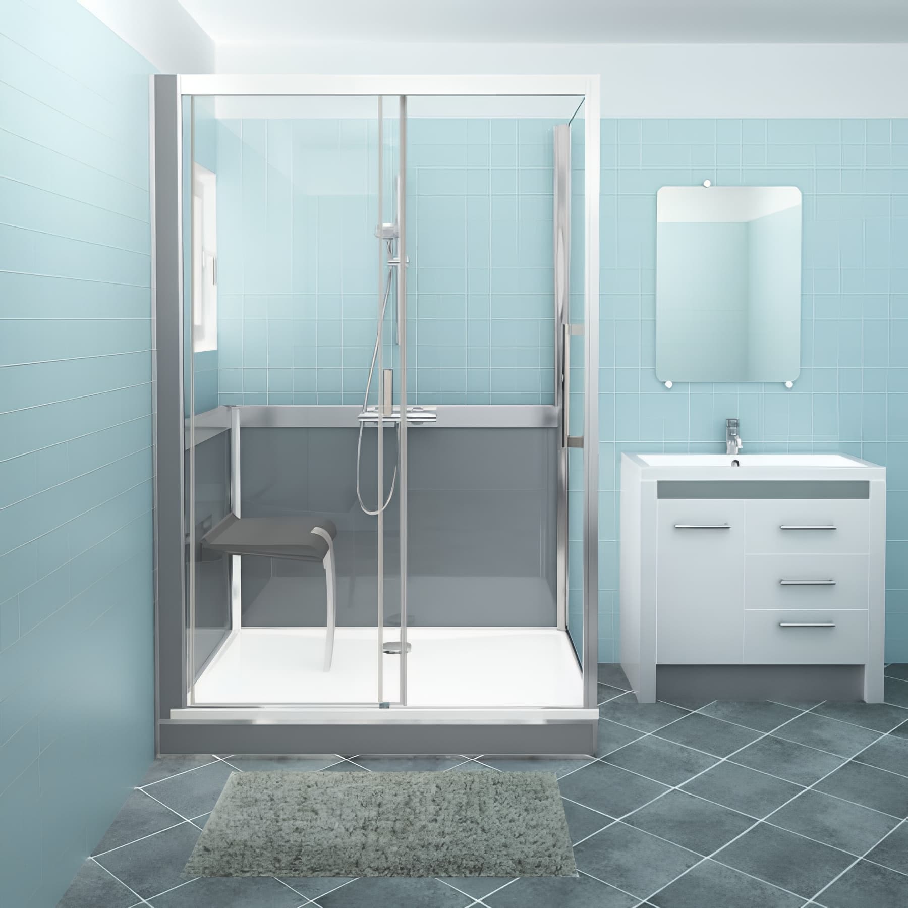 Cabine de douche version basse en angle longueur 166 cm largeur 67,7cm anthracite verre clair déperlant